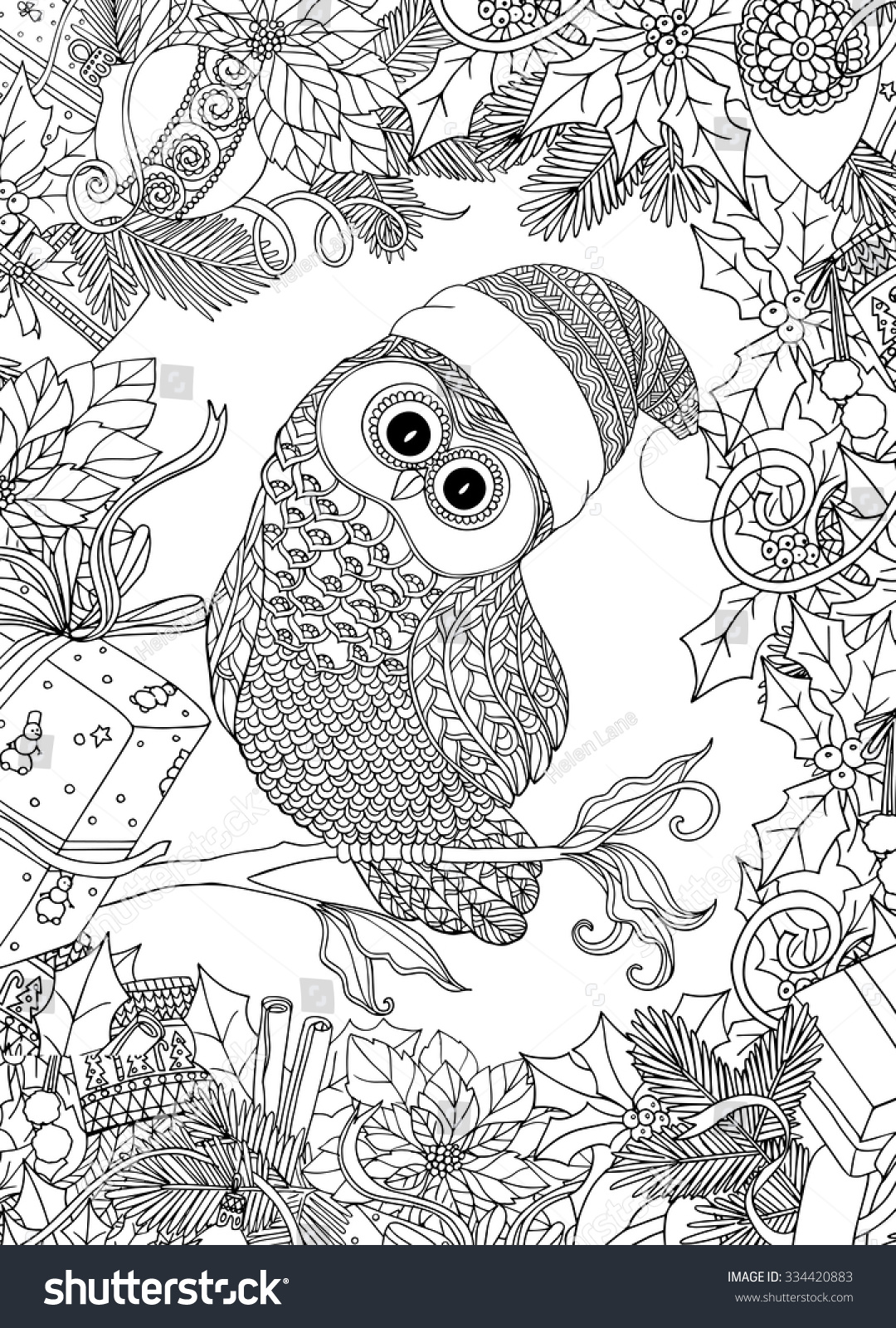 Coloring book for adult and older children Coloring page with cute owl in Santa Claus
