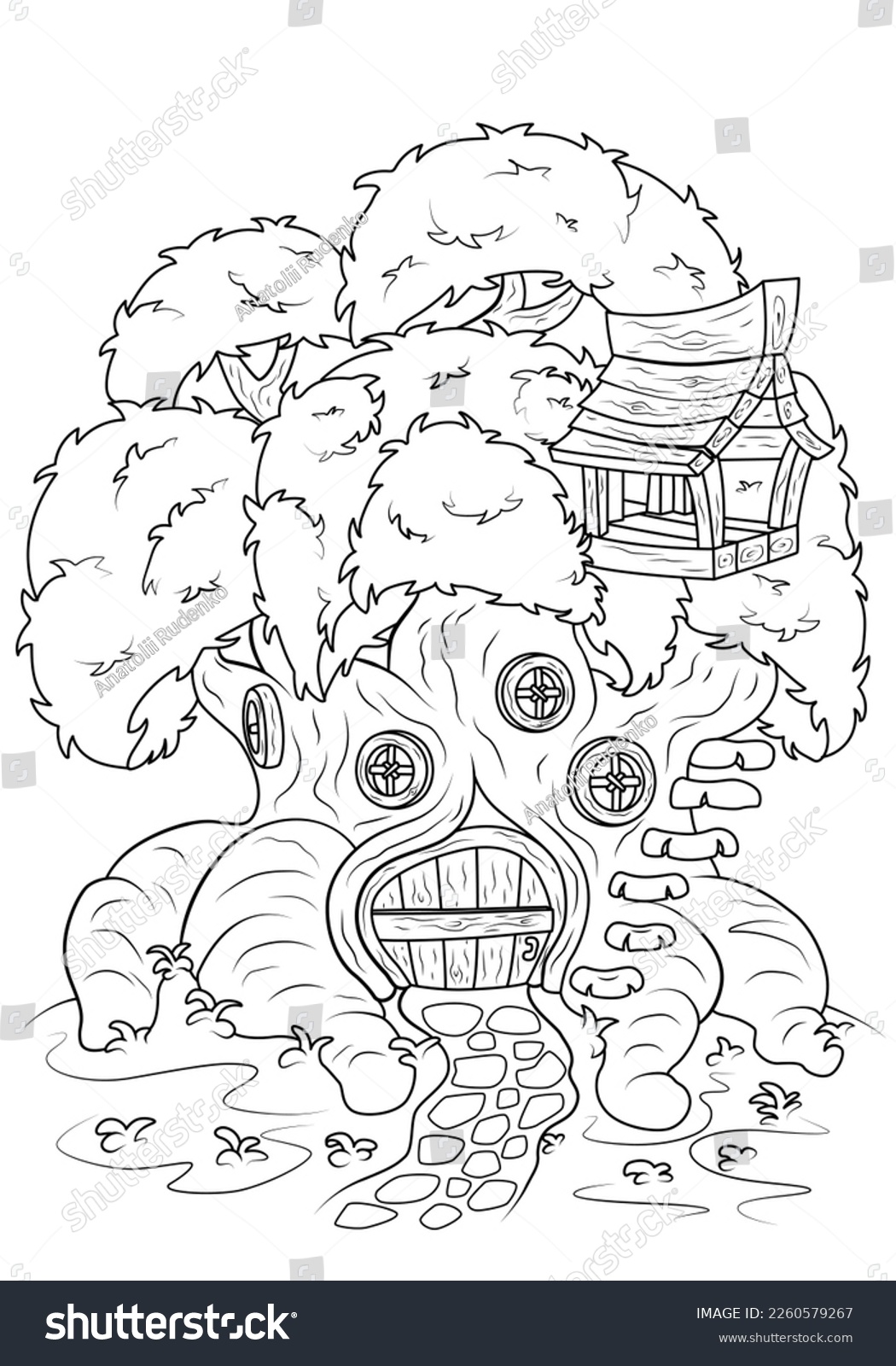 SVG of Coloring book for children. Fairy house in a tree trunk. The task for children can be used in a book or magazine. svg
