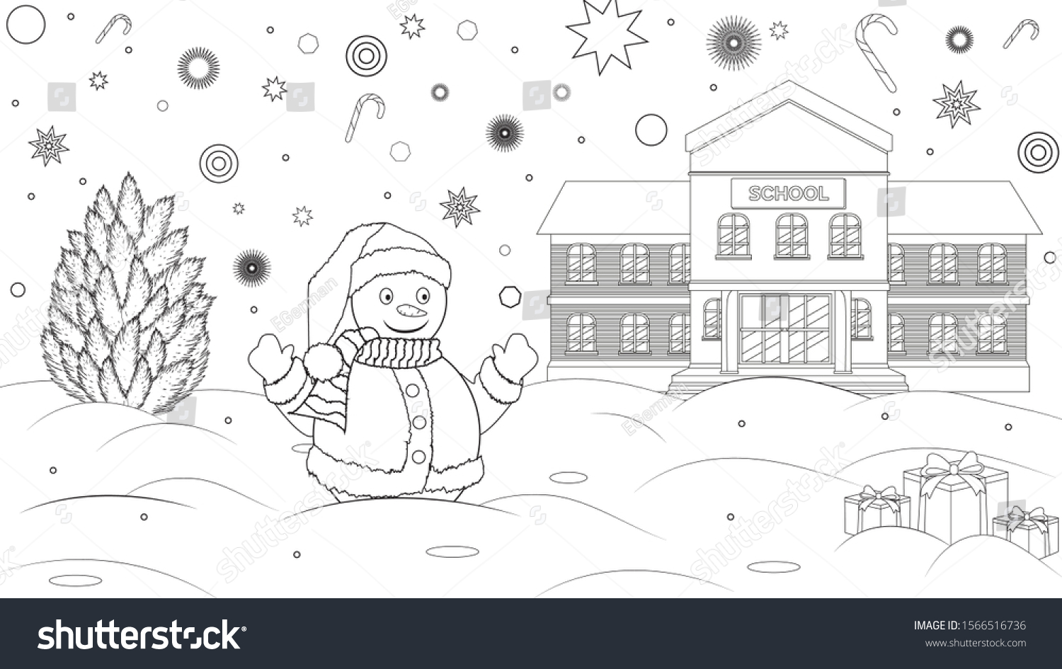 Coloring Book Childrens Snowman Near School Stock Vector Royalty Free