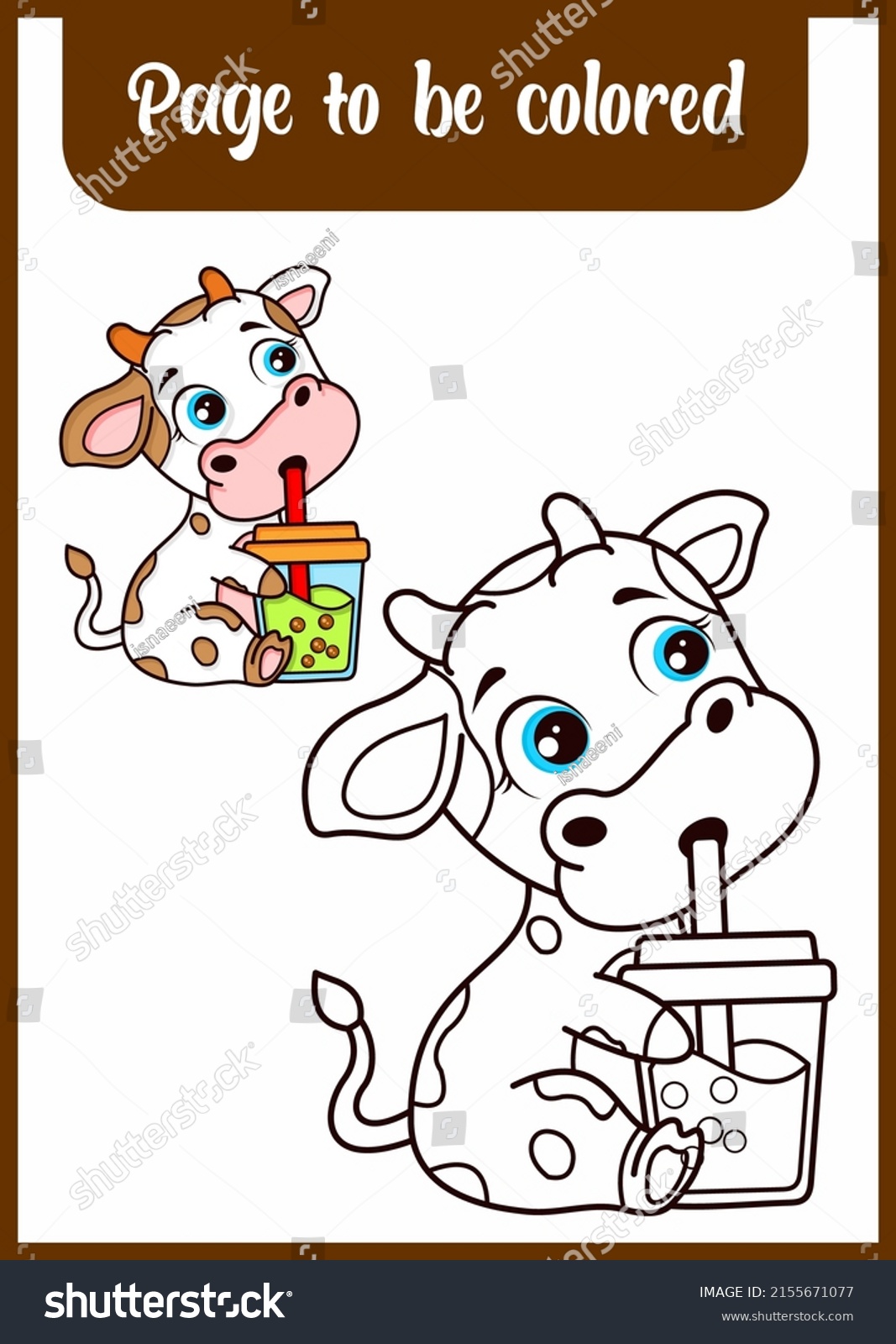 Coloring Book Kids Cute Cow Drink Stock Vector (Royalty Free