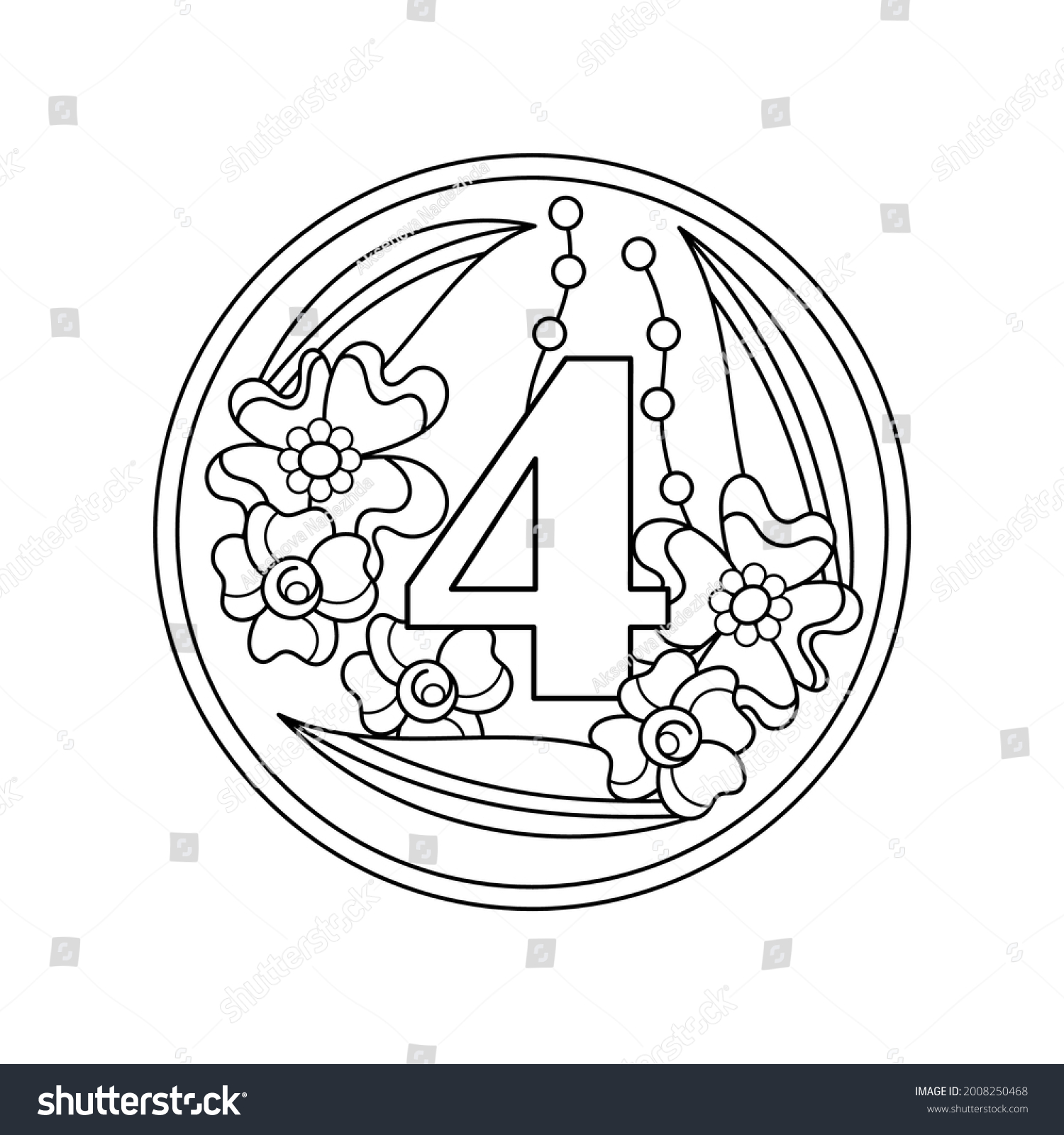 SVG of Coloring book. Number 4 with flowers, buds and leaves in a round frame, a decorative ornament for a greeting card, invitations. Vector illustration svg