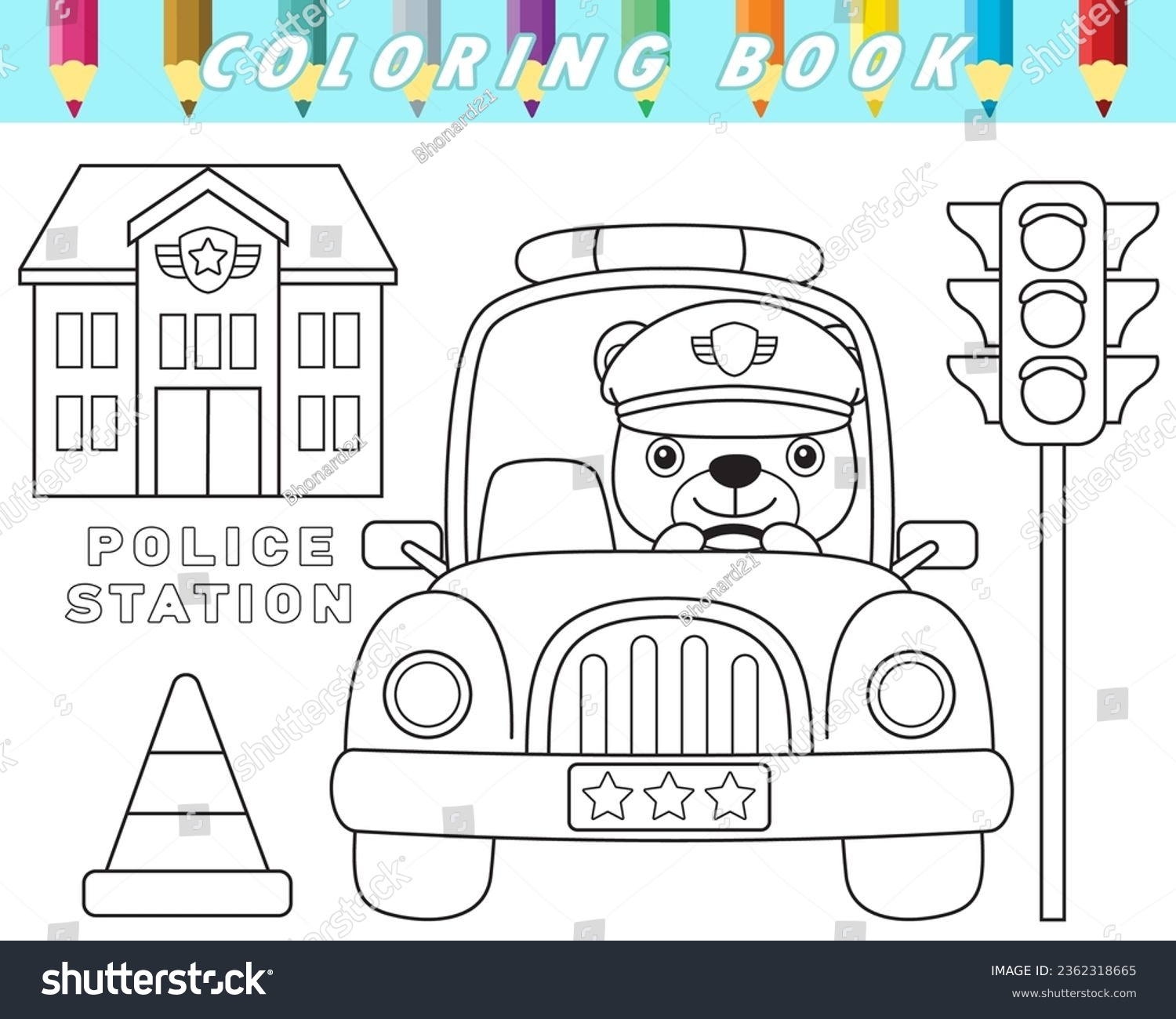 SVG of Coloring book of cute bear cop on police car with traffic element. Vector cartoon illustration svg