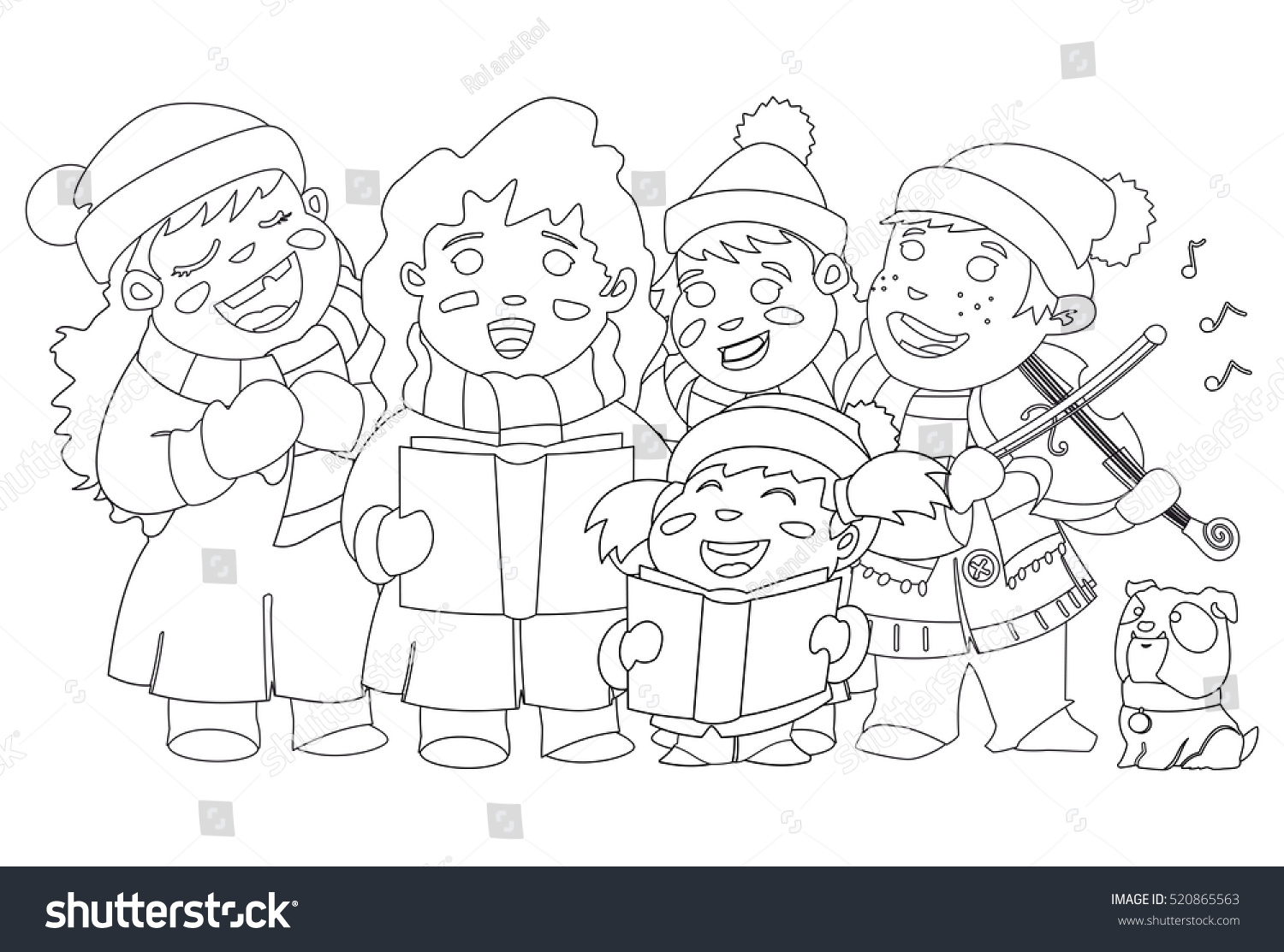 Coloring Book Page Christmas Caroling Children Stock Vector 520865563