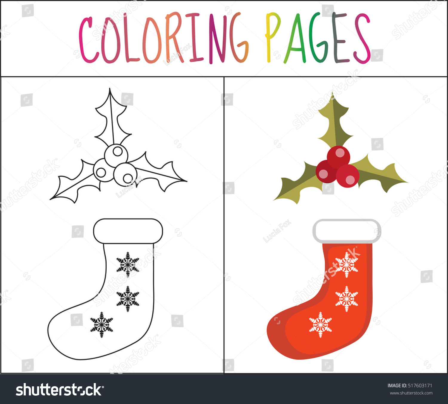 Coloring Book Page Christmas Sock Holly Stock Vector (Royalty Free ...