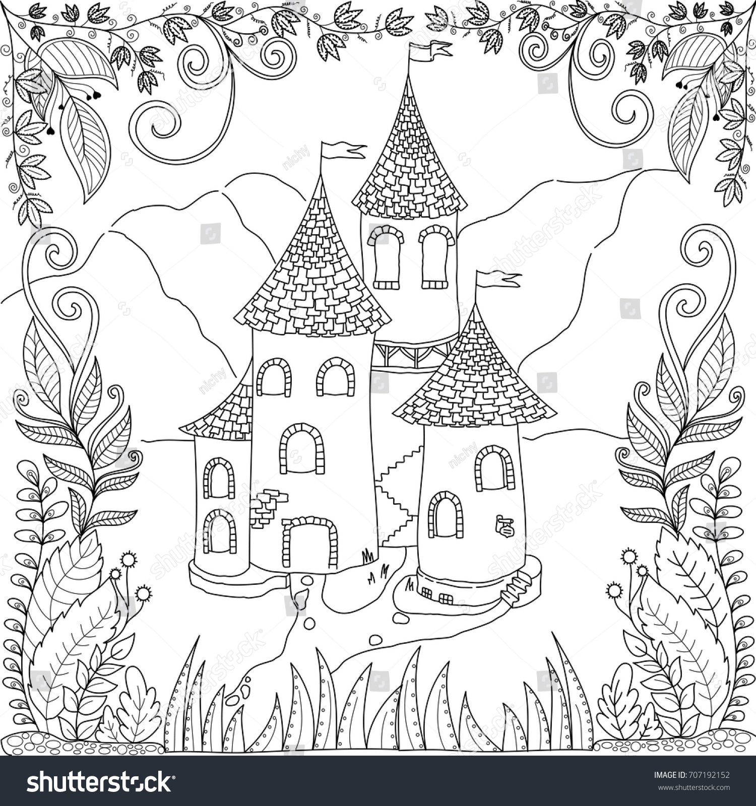 Coloring book page of castle in jungle for adult and childrenctor illustration