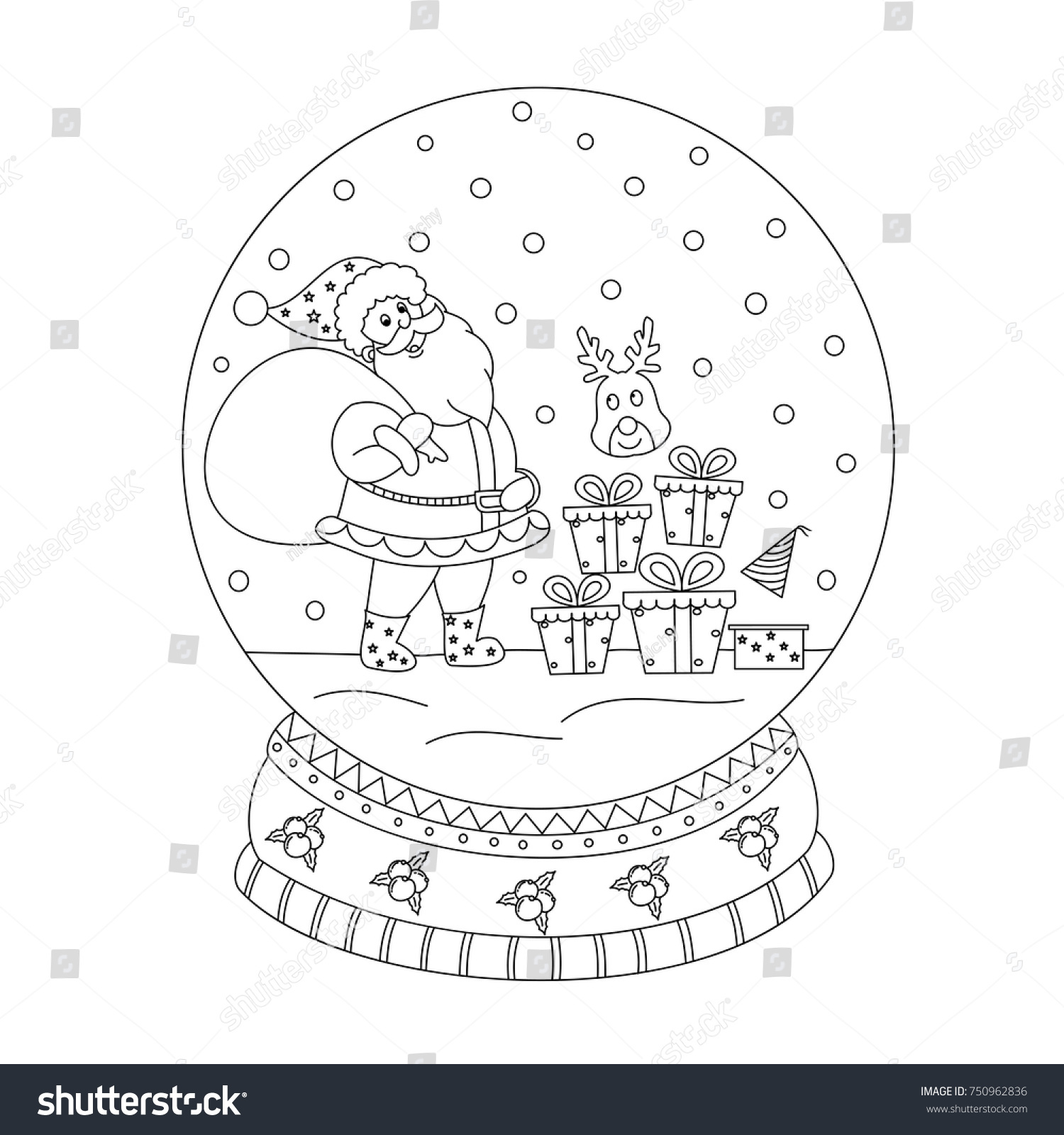 Coloring book page of christmas snow globe with santa claus Hand drawn Vector illustration