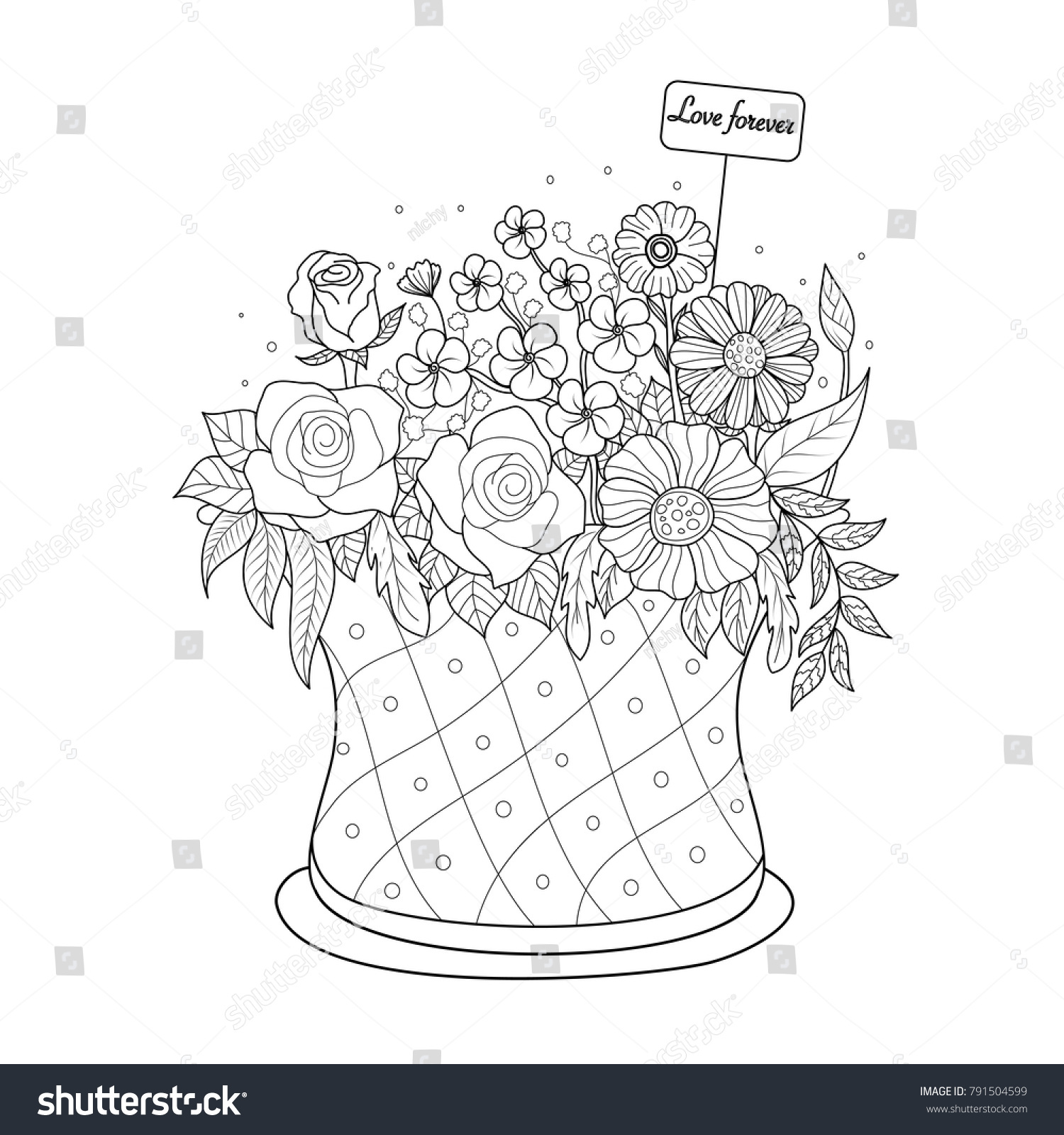 Coloring Book Page Flower Basket Adultvalentines Stock Vector (Royalty