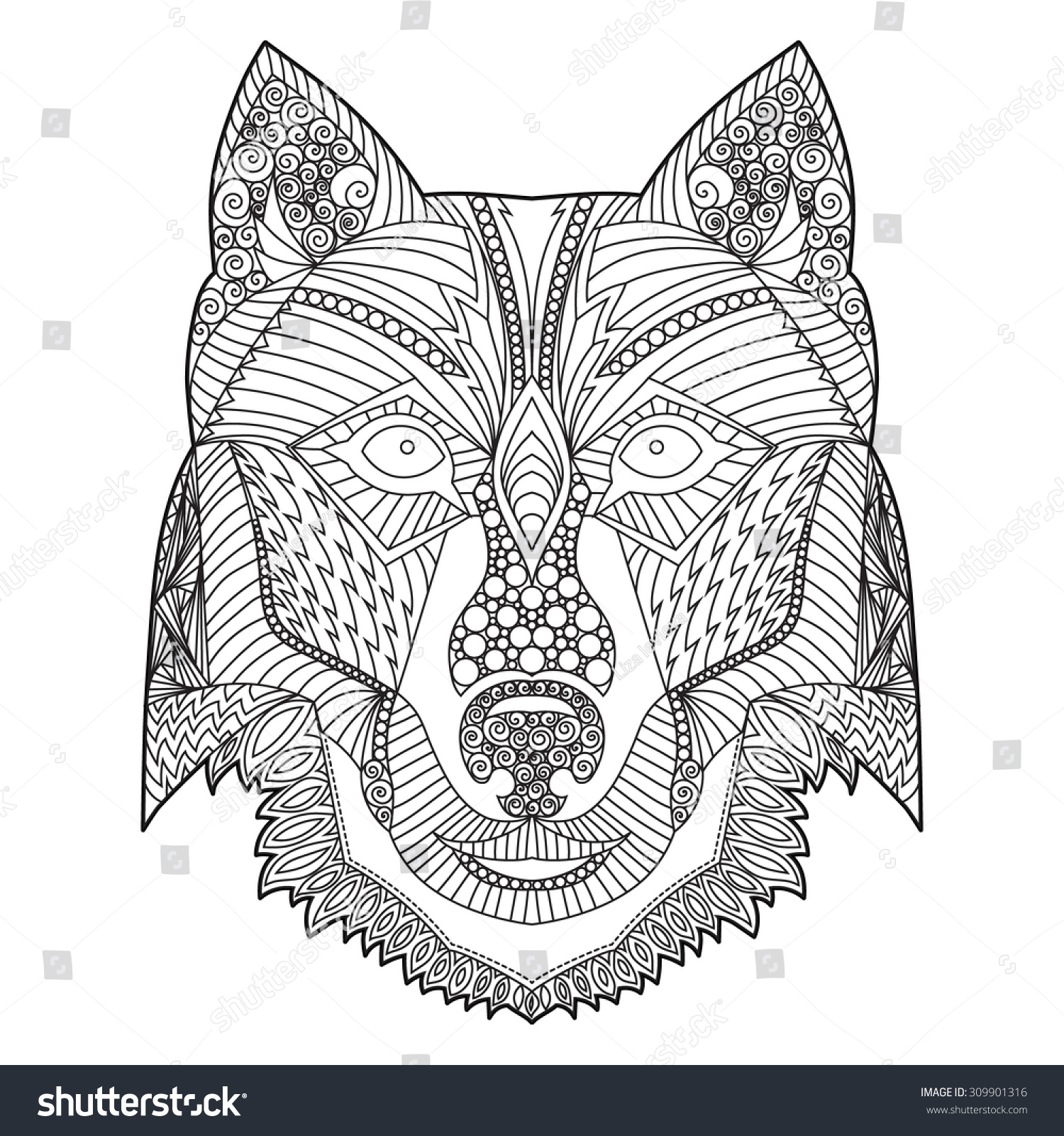 SVG of Coloring Book Page with Hand Drawn Zentangle Ethnic Style Wolf Head svg