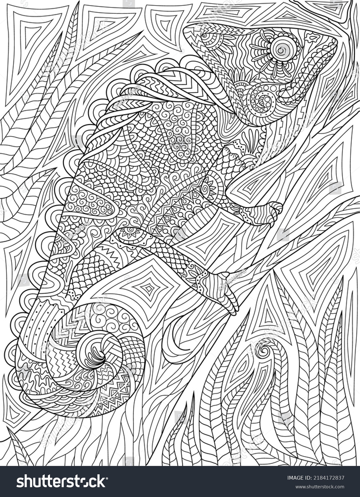 SVG of Coloring Book Page With Iguana Climbing On Tree With Detailed Background. Sheet To Be Colored With Lizard Crawling On Wood. Chameleon Going Up On Timber. svg