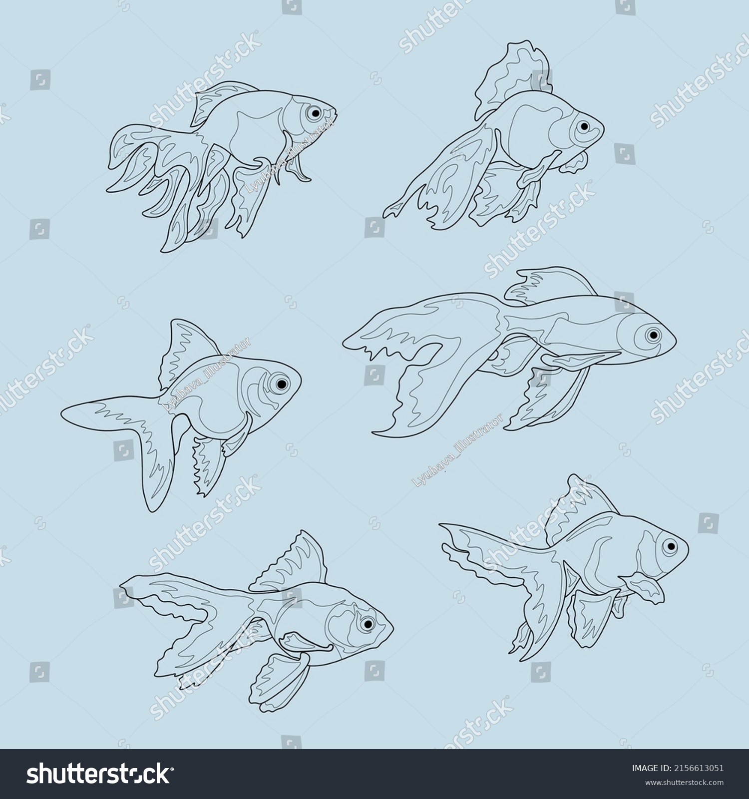 Coloring Book Goldfishes Set Vector Illustrations Stock Vector (Royalty