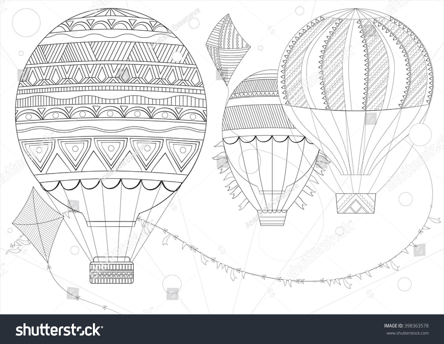 Coloring page adult and children A4 Vector Monochrome Zentangle stylized abstract fantastic Balloon flying ethnic