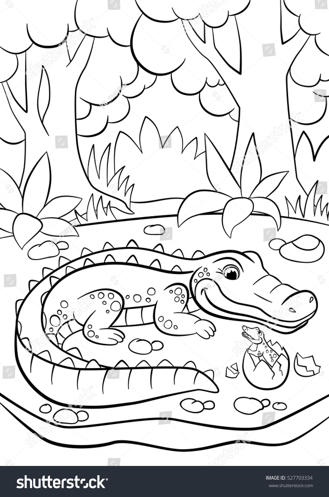 Coloring Page Animals Mother Alligator Looks Stock Vector Royalty ...