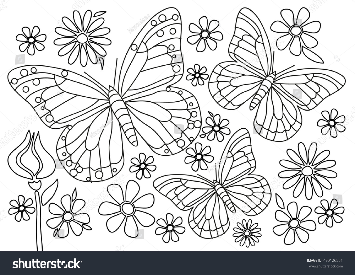 Coloring Page Butterflies Flowers Stock Vektorgrafik Lizenzfrei ...