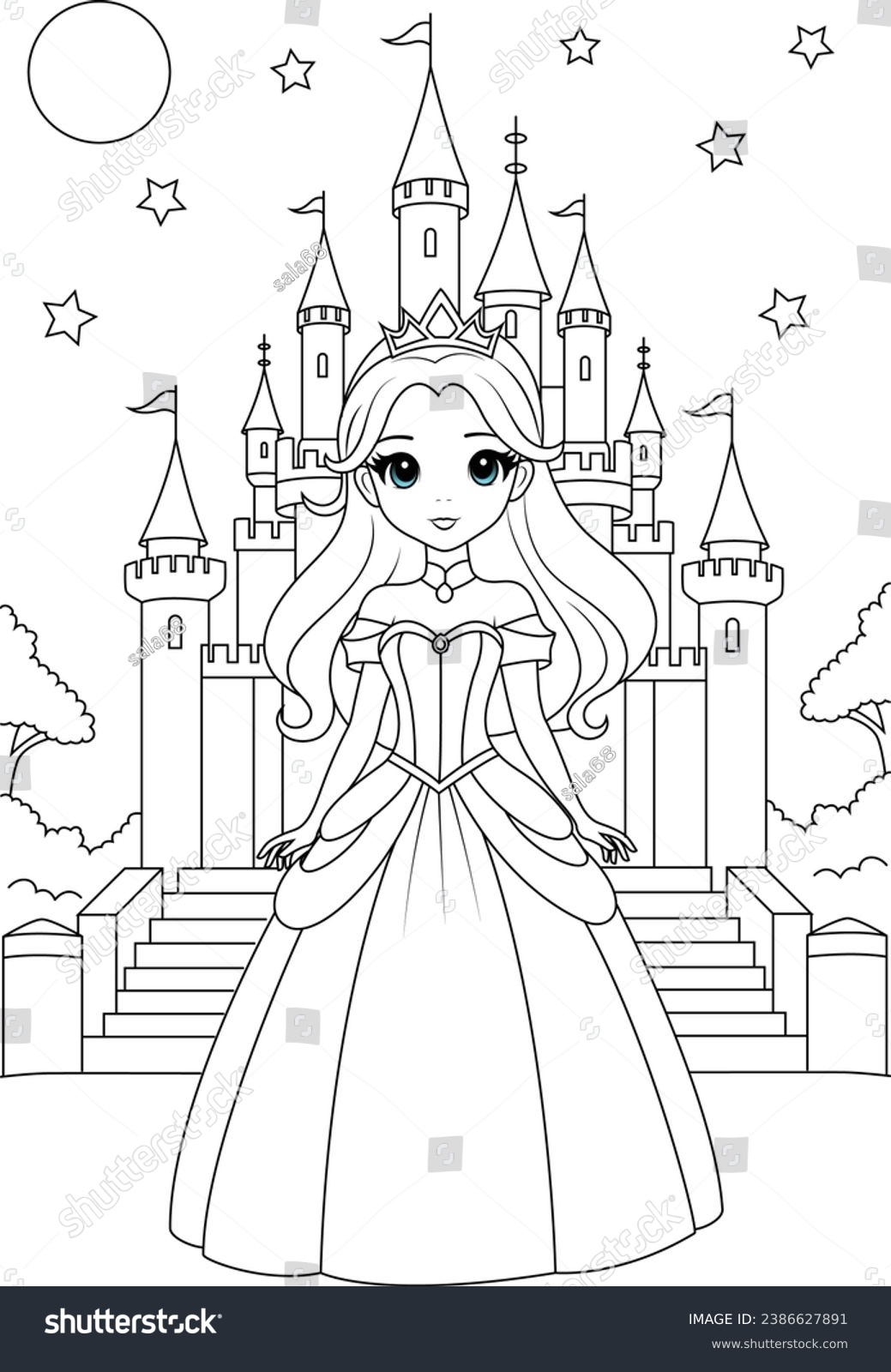 SVG of Coloring page chibi princess and a starlit castle. svg