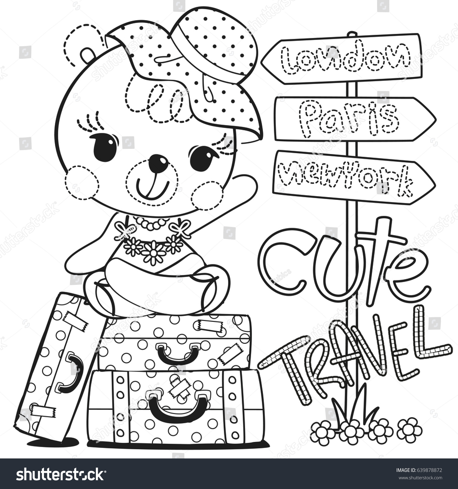 Coloring page Cute cartoon teddy bear girl sitting on suitcase with road sign isolated on