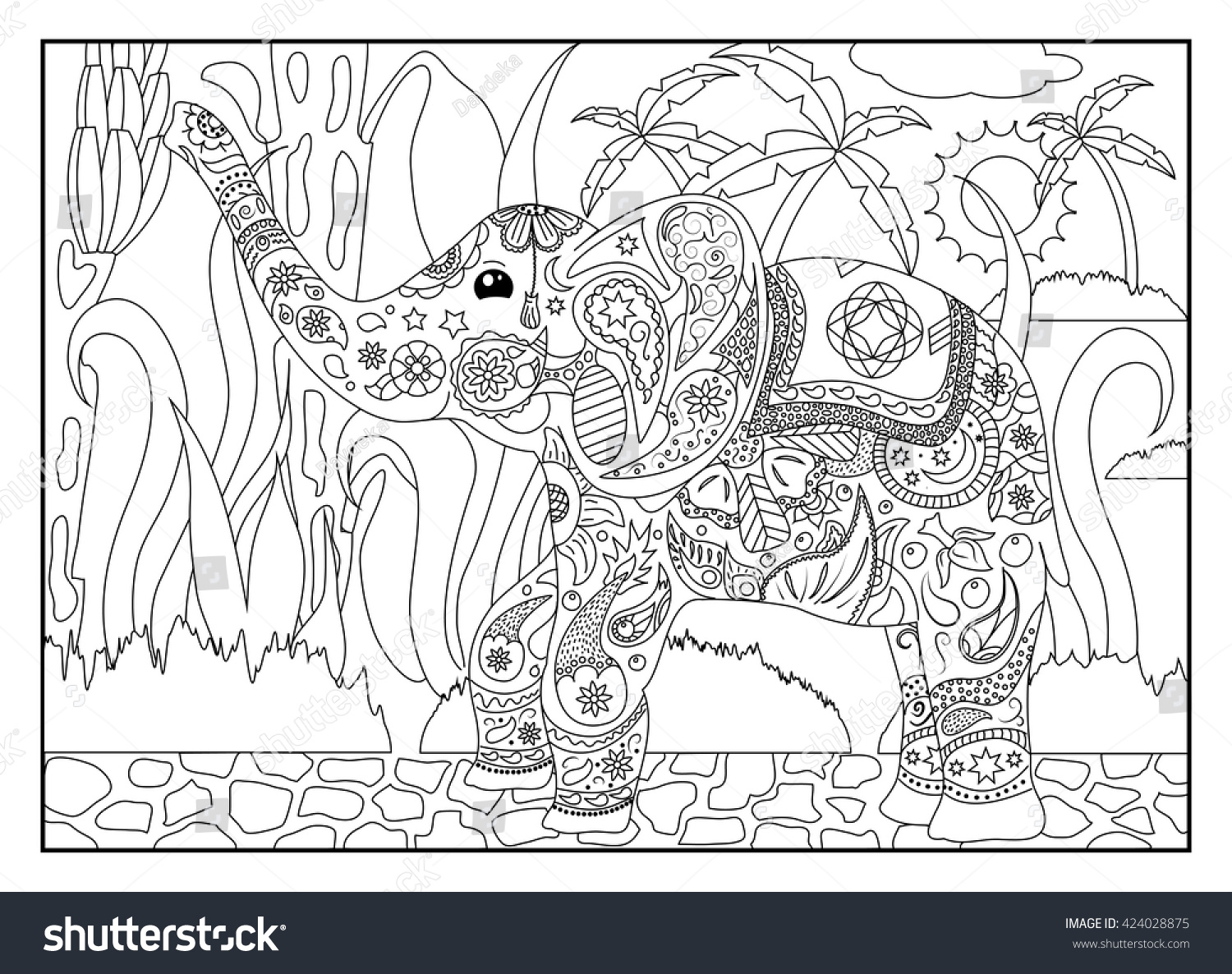 Coloring Page Elephant Jungle Adult Coloring Stock Vector 424028875 ...