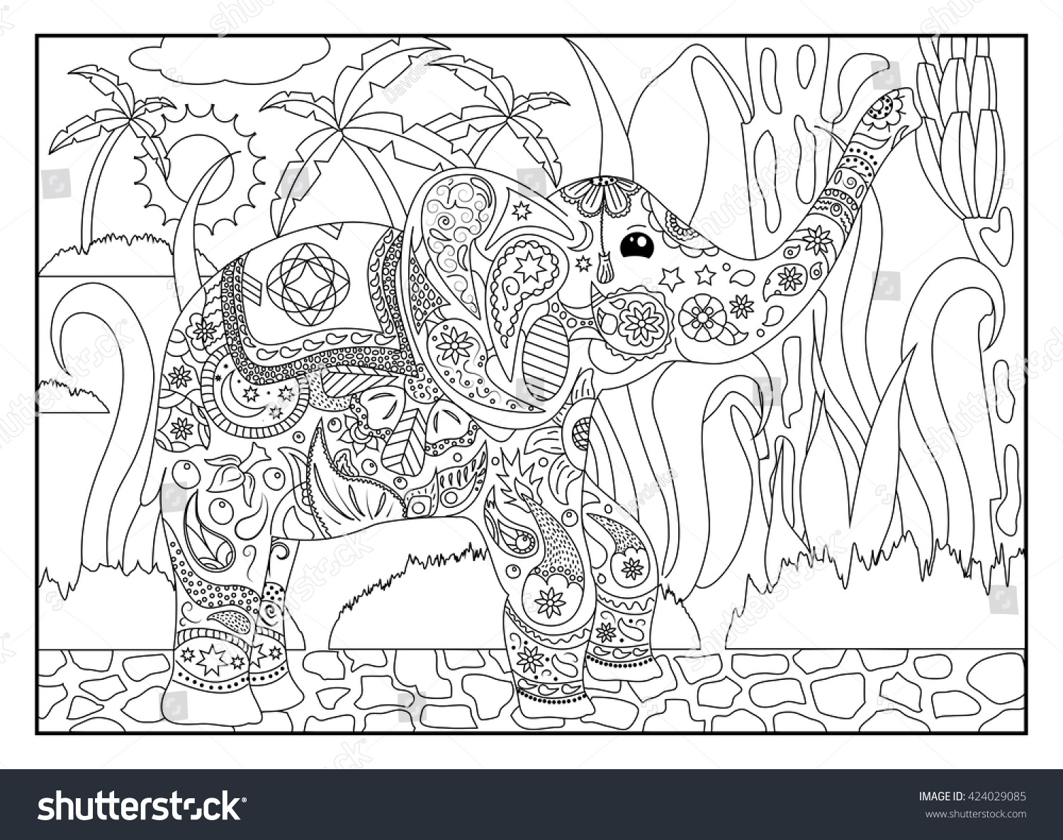 Coloring Page Elephant Bananas Adult Coloring Stock Vector (Royalty ...