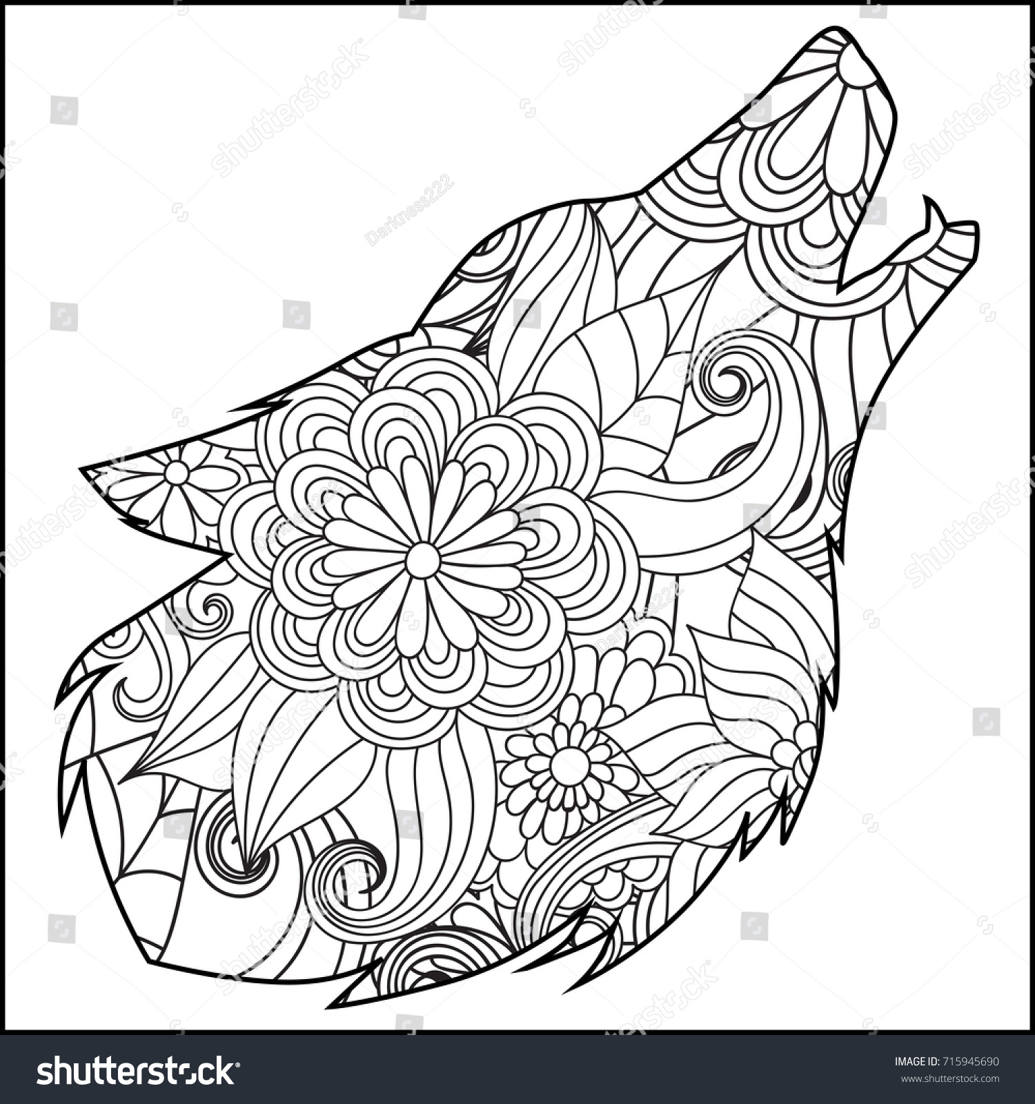 SVG of Coloring page flower wolf head svg