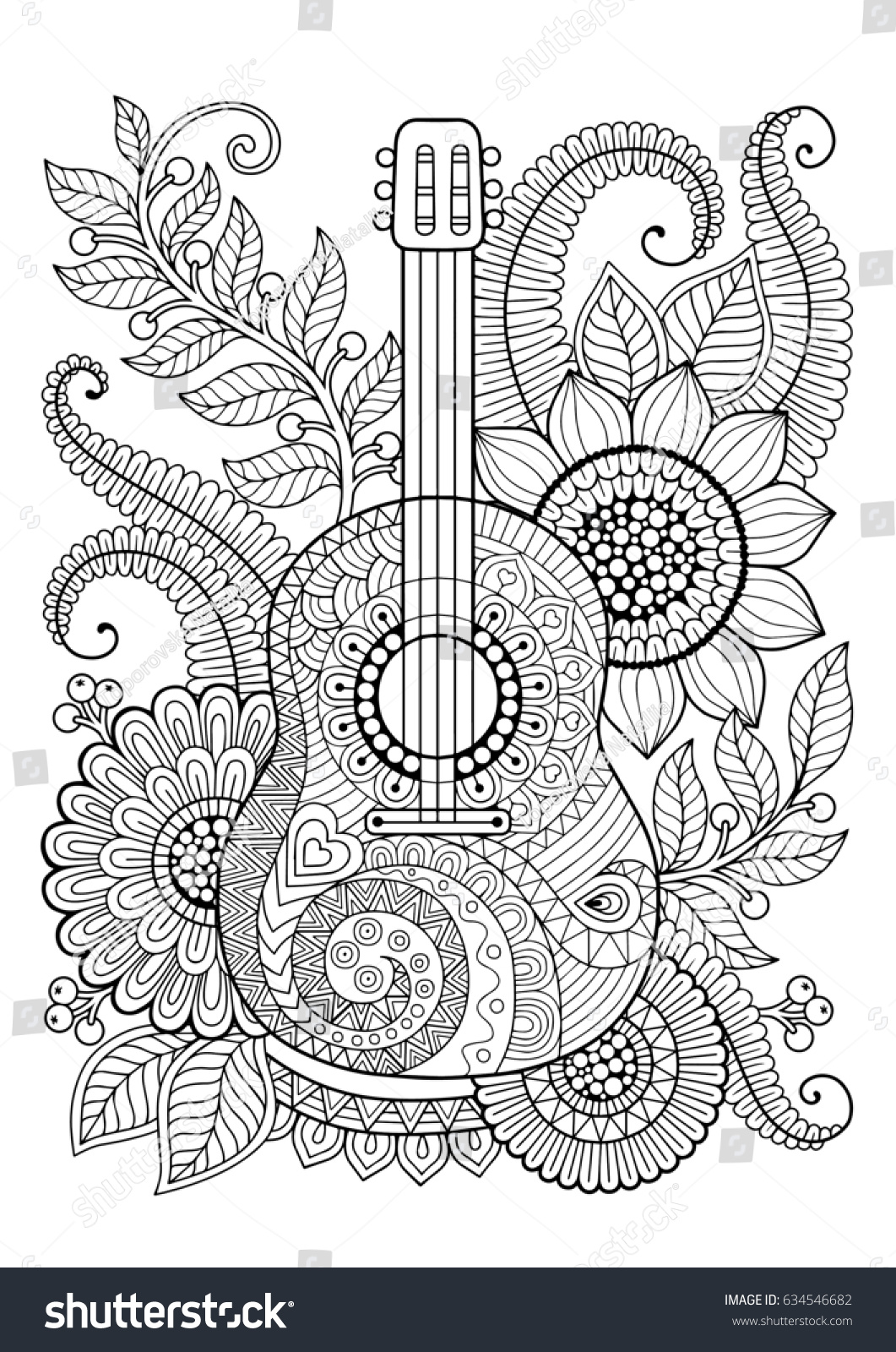 Coloring page for adult Antis tress and relax meditation Guitar with black and