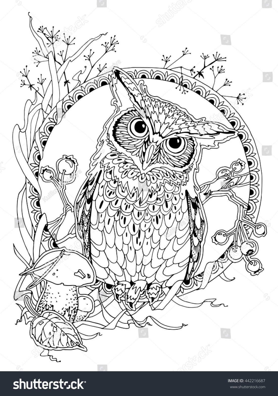 coloring page for adults owl with forest elements