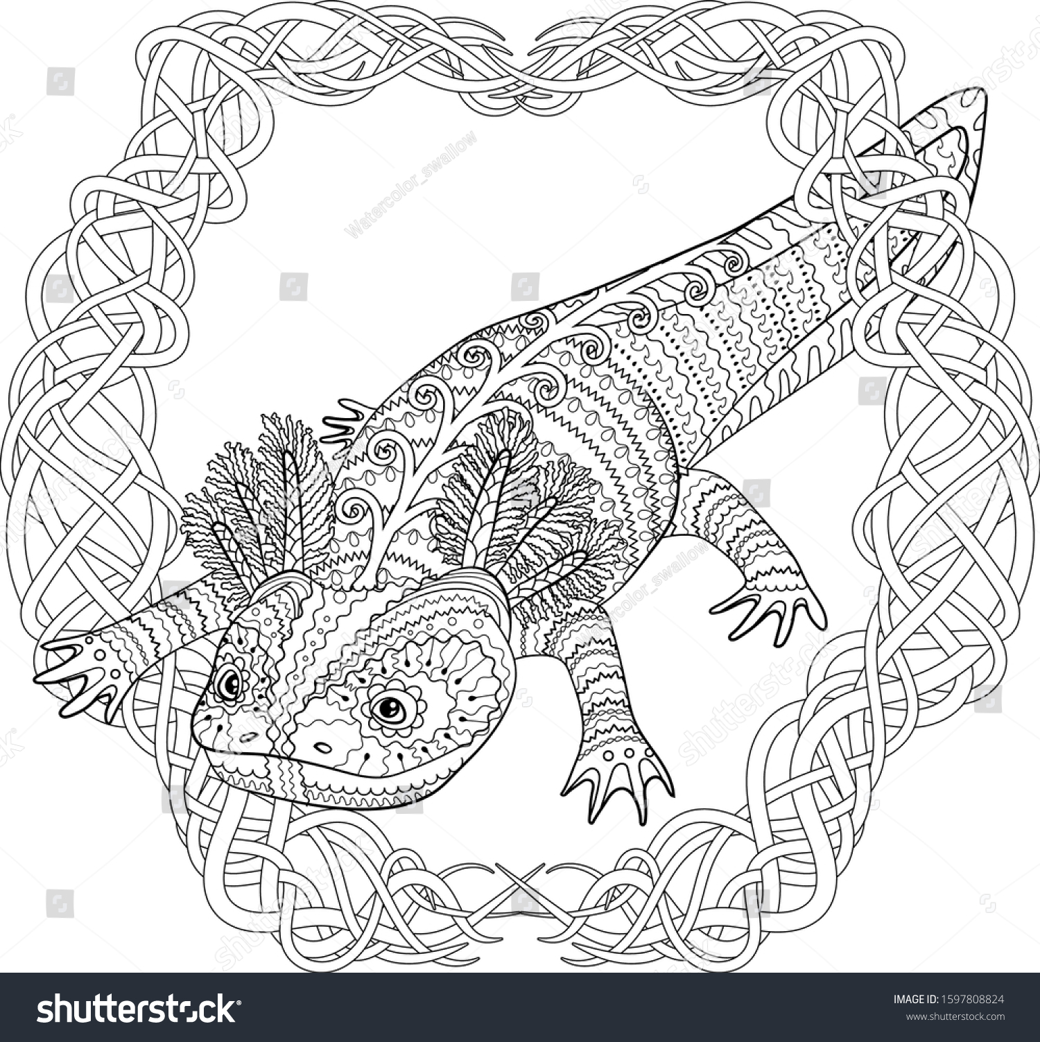 Coloring Page Adults Cute Axolotl Patterned Stock Vector Royalty ...