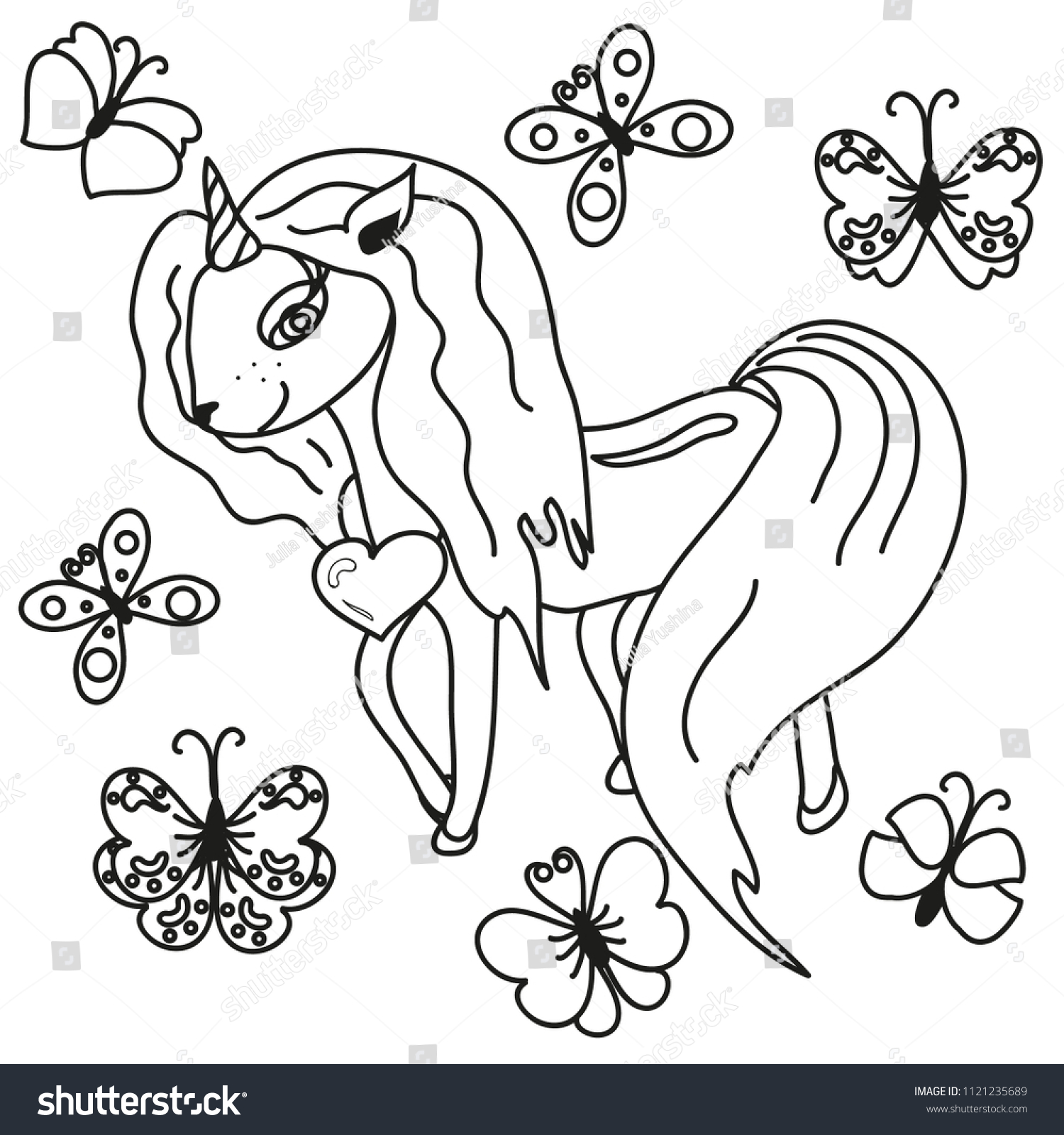 Coloring Page Kids Unicorn Butterfly On Stock Vector Royalty Free ...