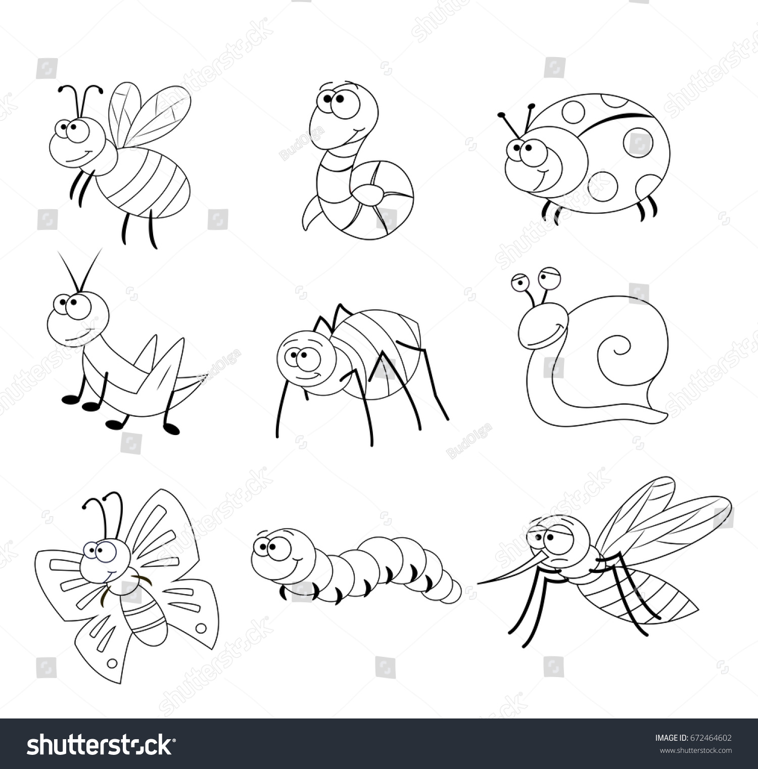 Coloring page for preschool children Set of different cartoon insects Funny insects Vector