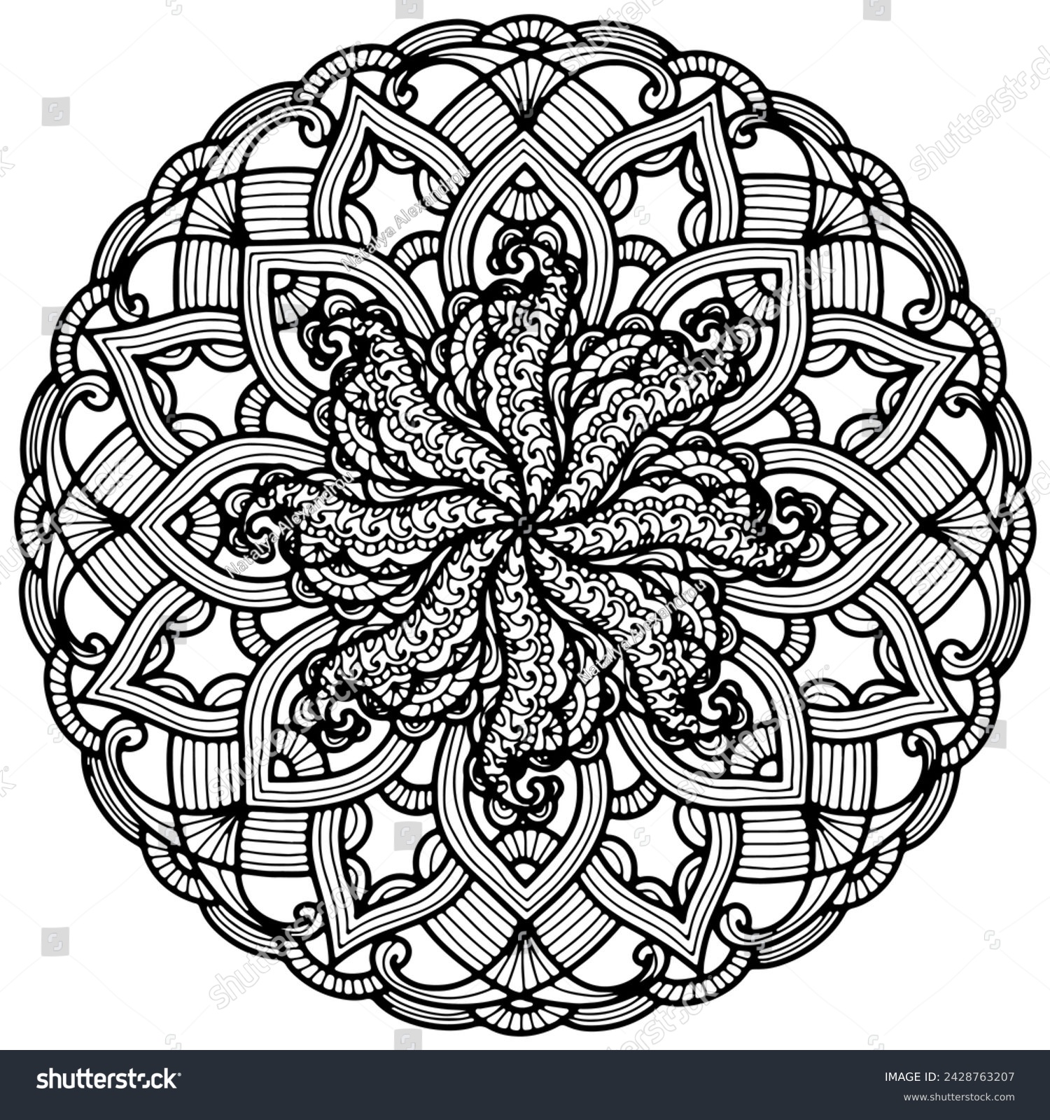 SVG of Coloring page 363, hand drawn, vector. Mandala 306, ethnic, swirl pattern, object isolated on white background. svg