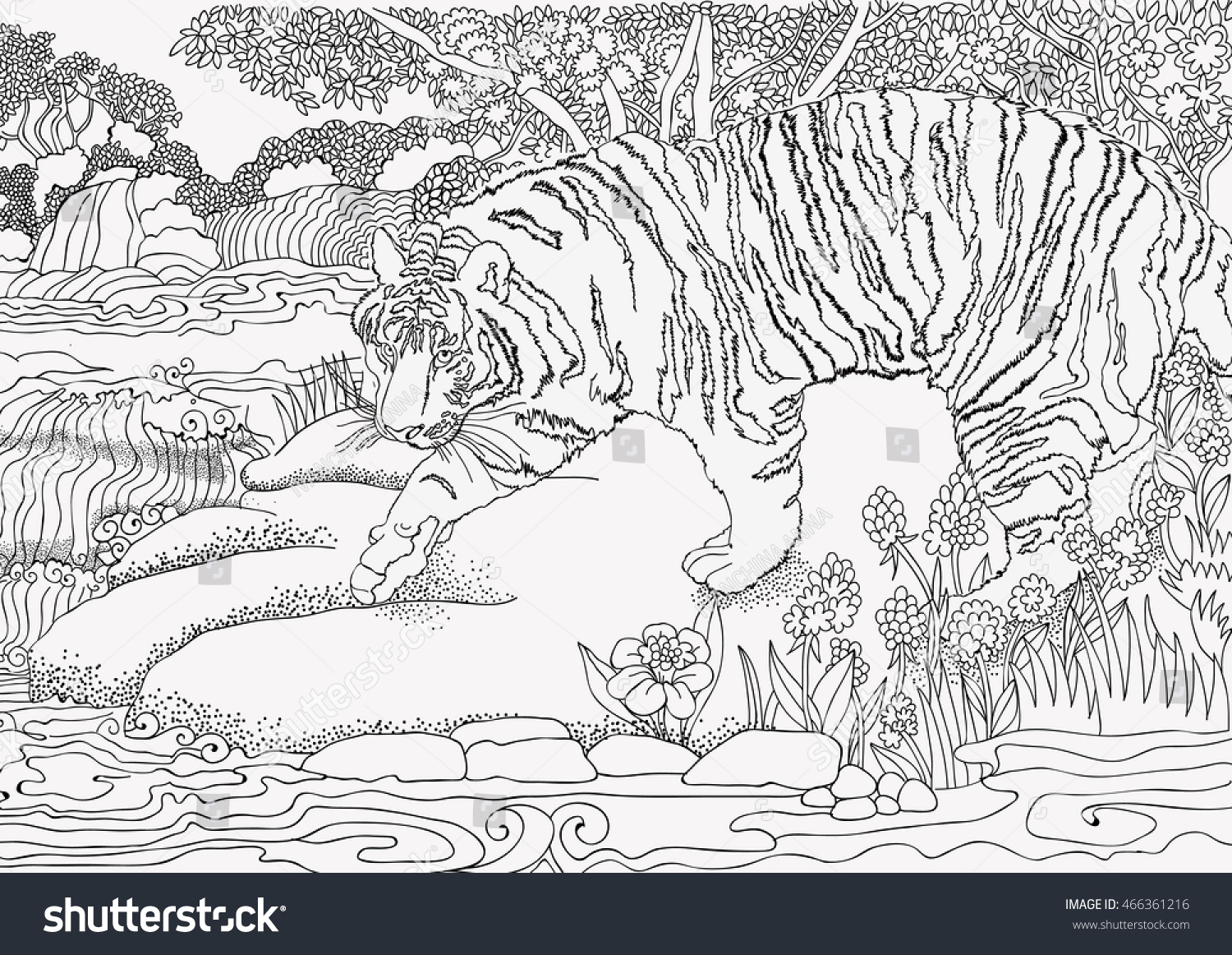 Coloring Page Jungle Africa Tiger Stock Vector Royalty Free 466361216