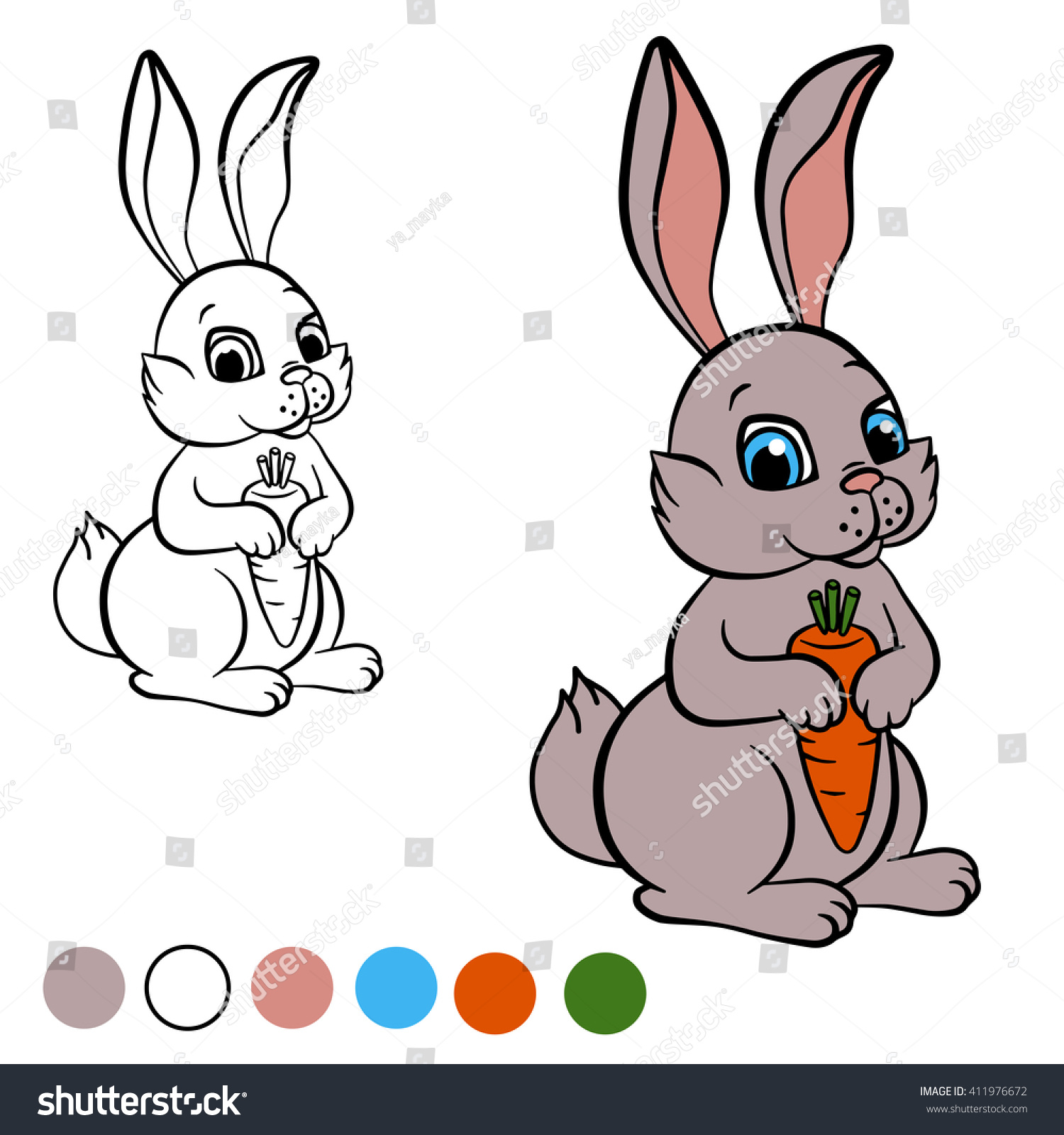 Coloring Page. Little Cute Hare Holds A Carrot In The Hands And Smiles