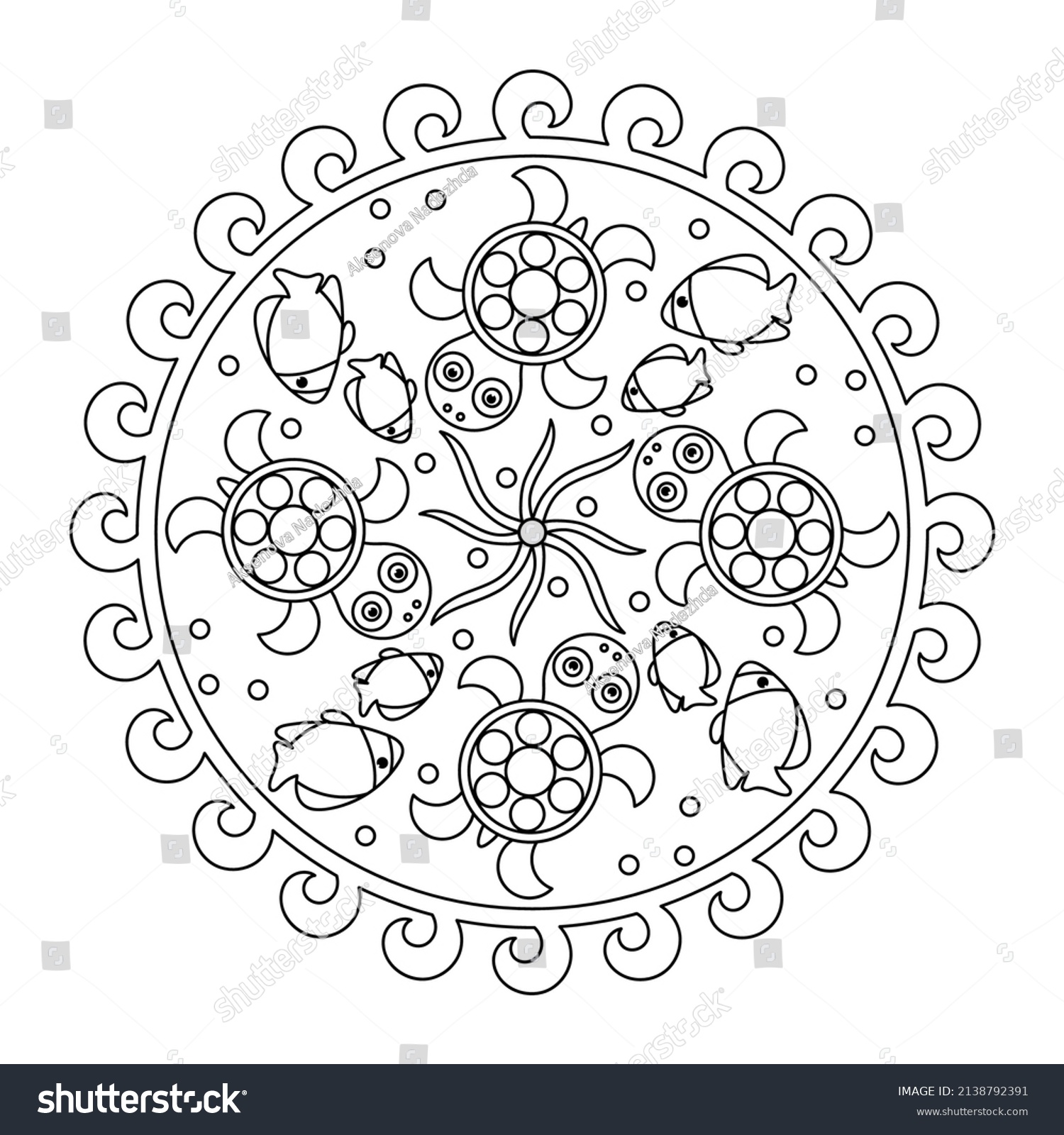 SVG of Coloring page mandala with turtle, fish and algae for children. Educational content. Vector Illustration on white background. svg