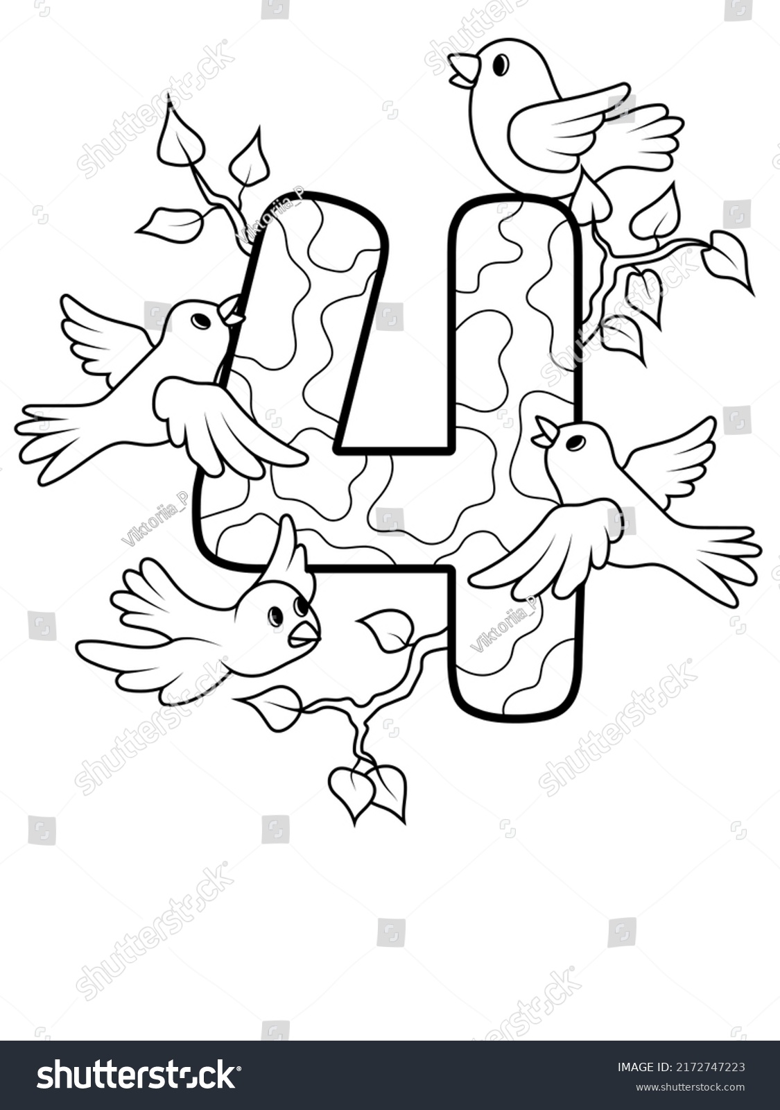 SVG of Coloring page - Numbers. Education and fun for childrens. Printable sheet - 4 four and birds svg