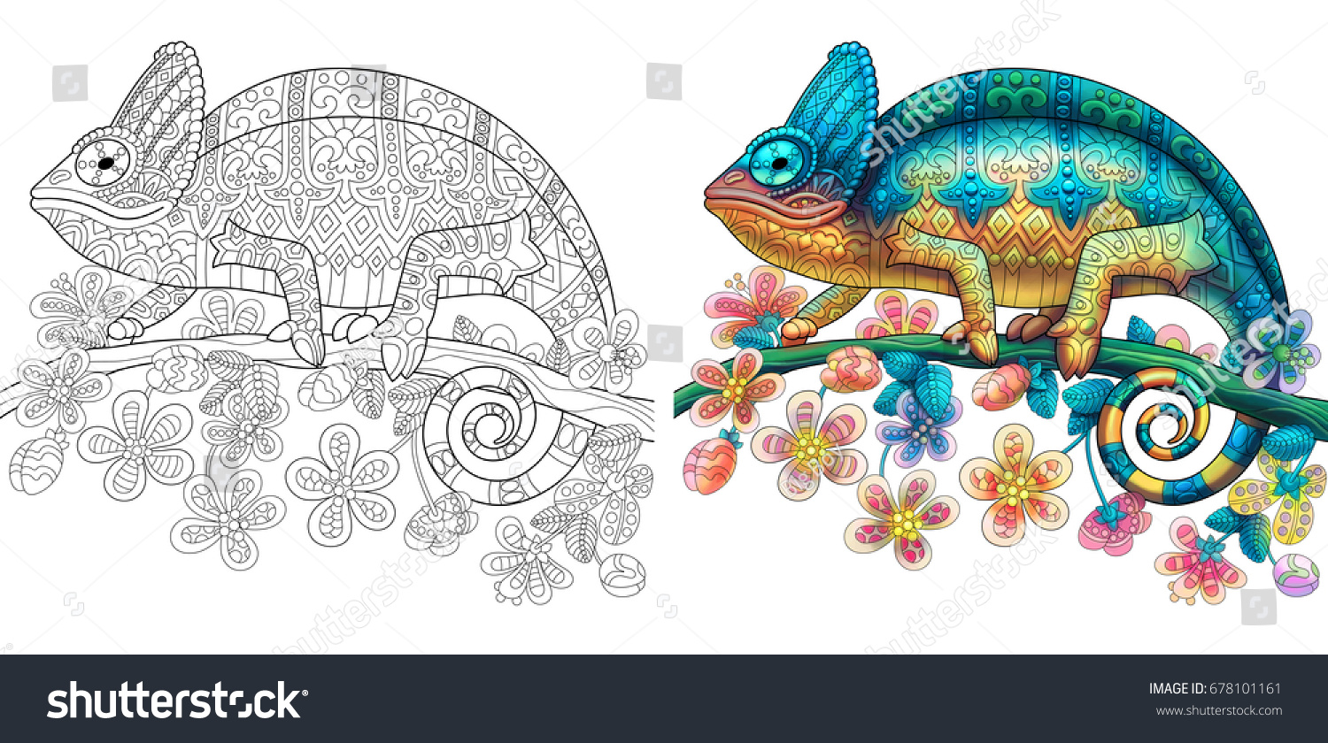 SVG of Coloring page of chameleon lizard. Colorless and color samples for book cover. Freehand sketch drawing for adult antistress colouring with doodle and zentangle elements. svg