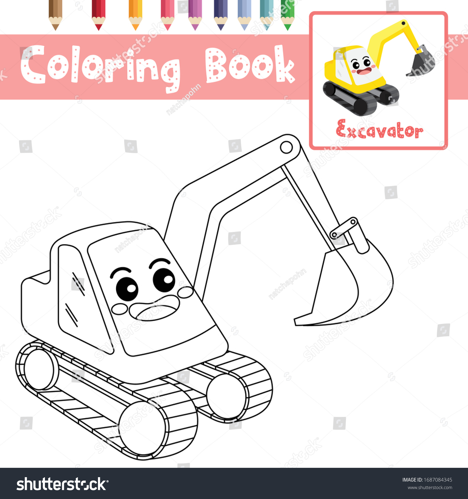 Coloring Page Cute Excavator Cartoon Character Stock Vector (Royalty