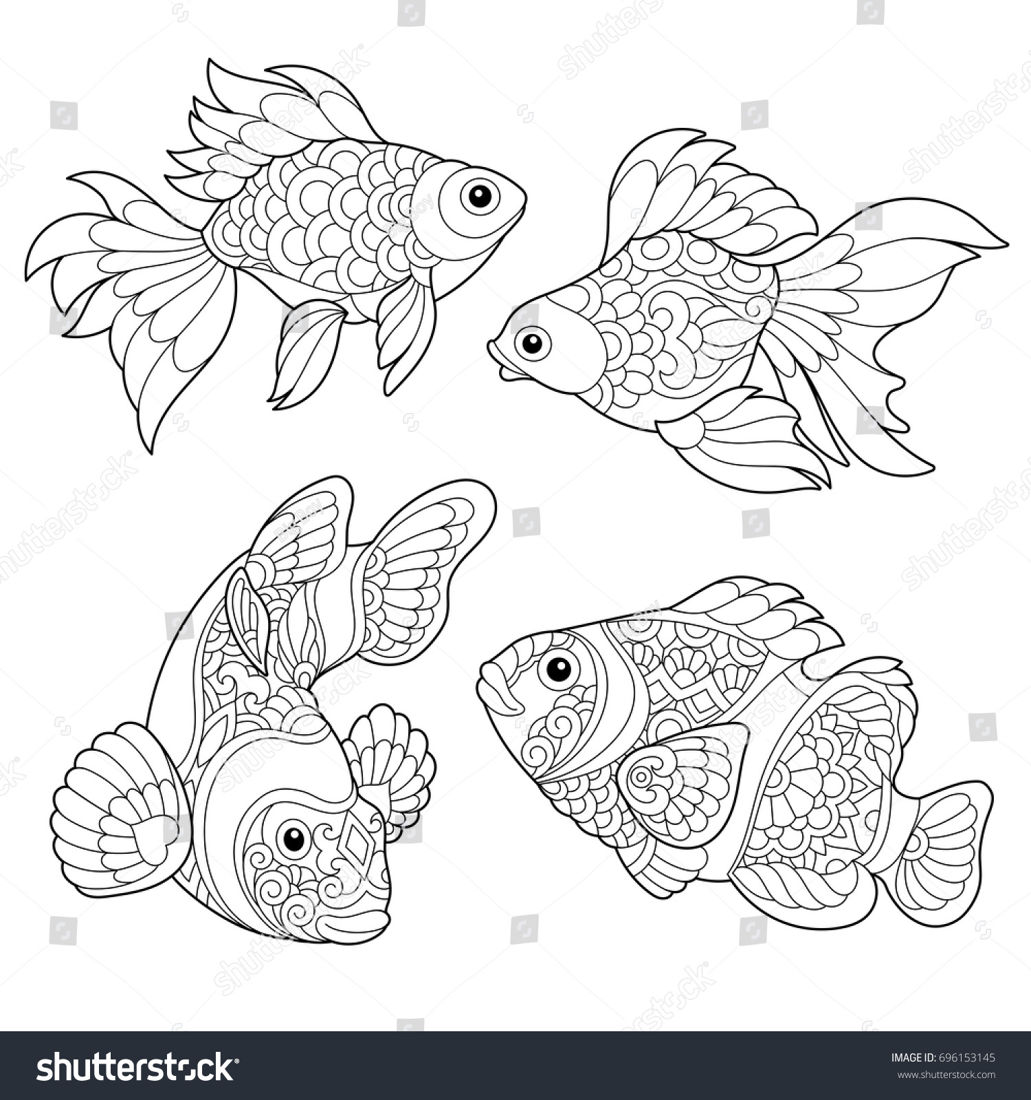 Coloring page of goldfish and clown fish Freehand sketch drawing for adult antistress coloring book