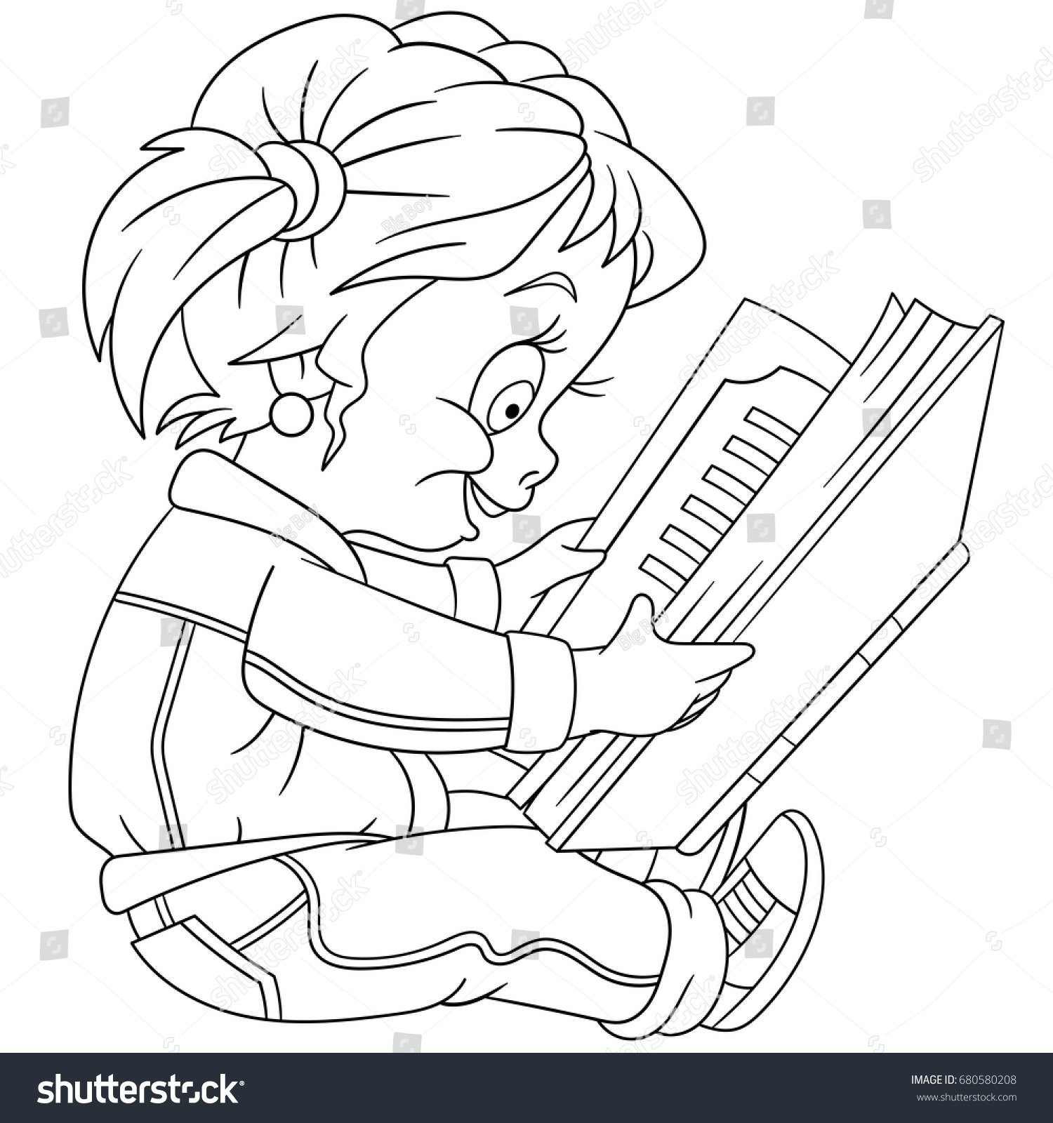 Coloring Page Preschool Girl Reading Book Stock Vector