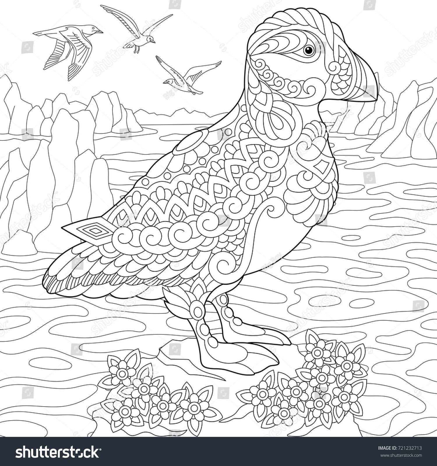 Coloring page of puffin seabird of northern and Arctic waters Freehand sketch drawing for