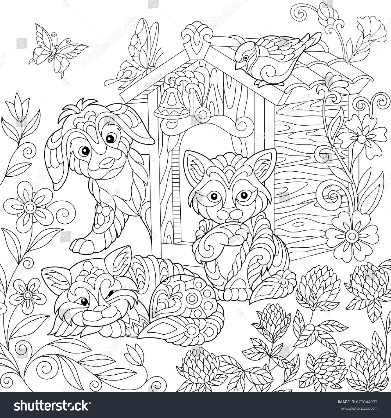 Download Coloring Page Puppy Cat Sparrow Bird Stock Vector ...