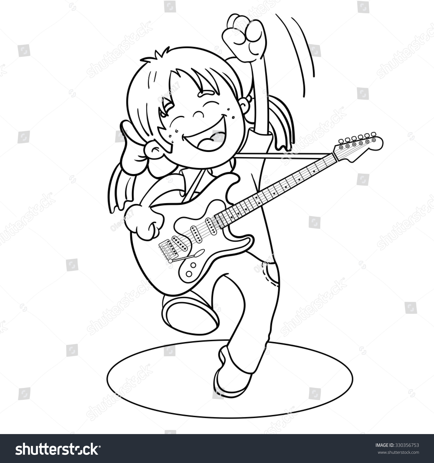 Coloring Page Outline a Cartoon Girl with a guitar isolated on white background