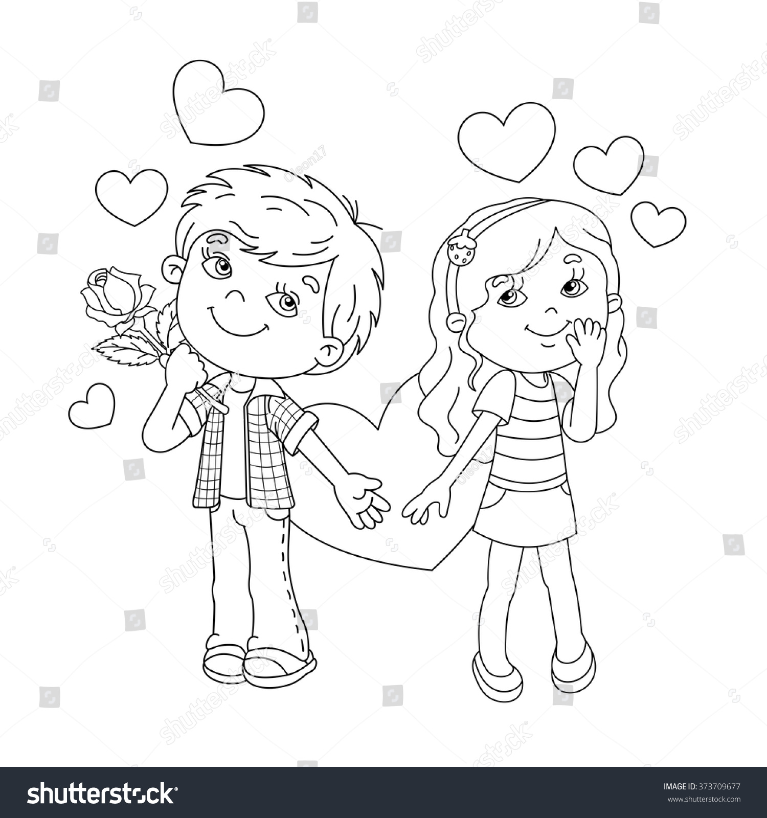 Coloring Page Outline cartoon Boy and girl with hearts Coloring book for kids