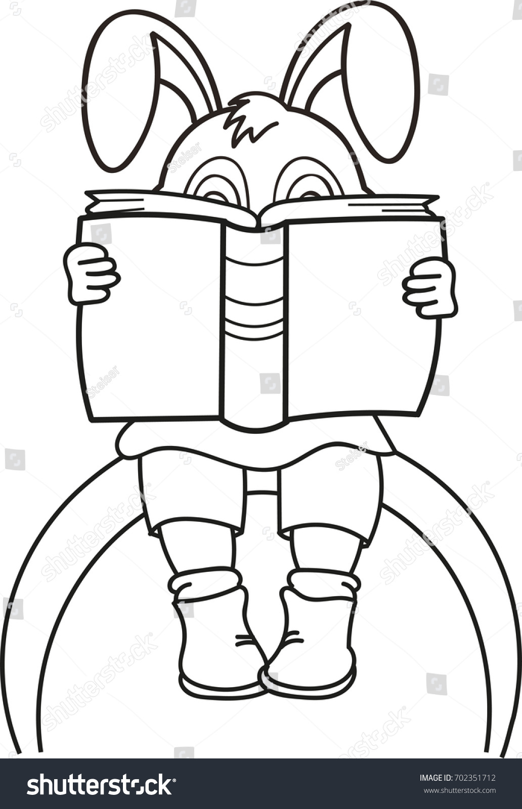 Coloring page outline of cartoon bunny is reading the book at school Vector illustration