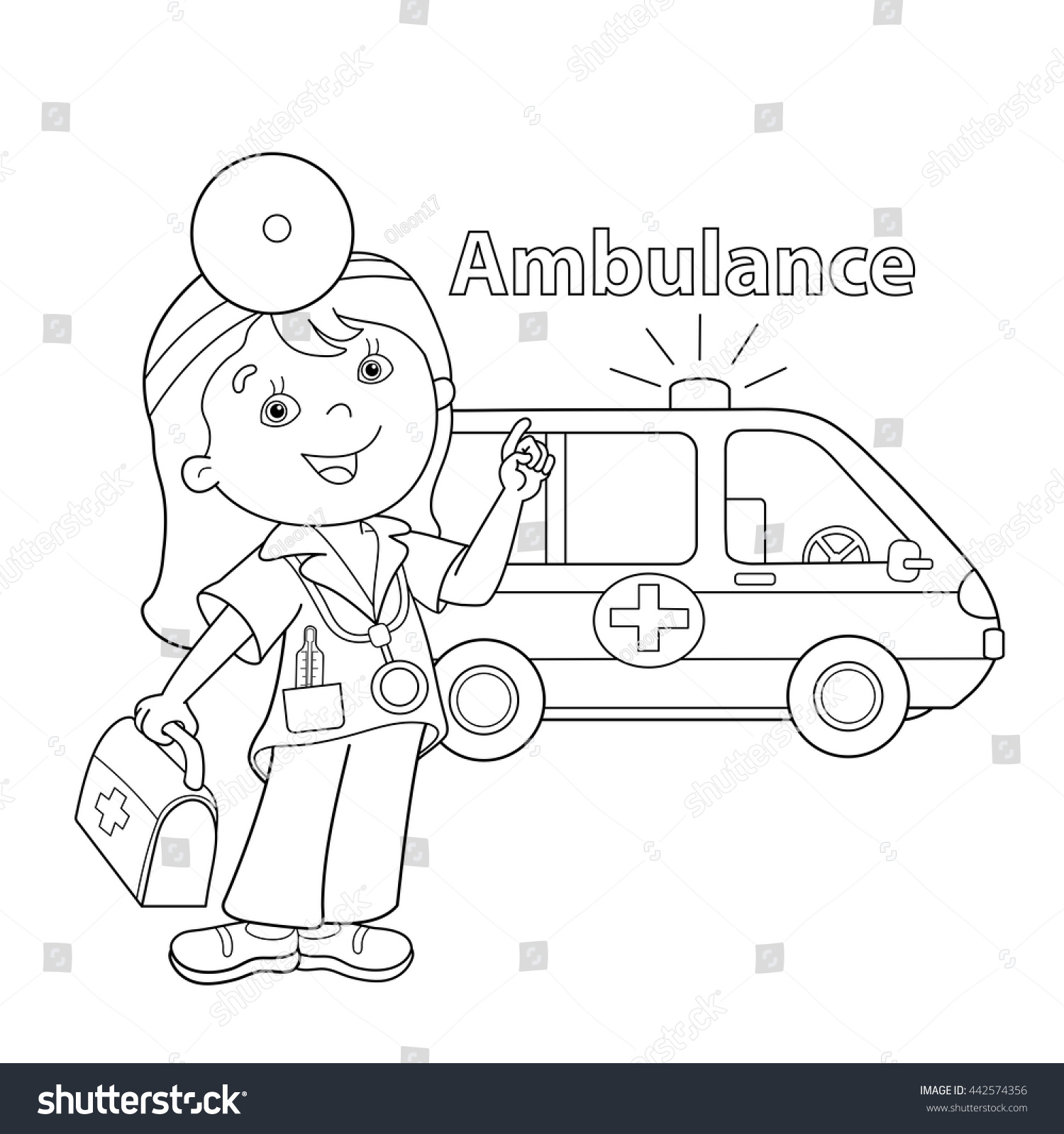 Coloring Page Outline cartoon doctor with first aid kit Ambulance car Profession