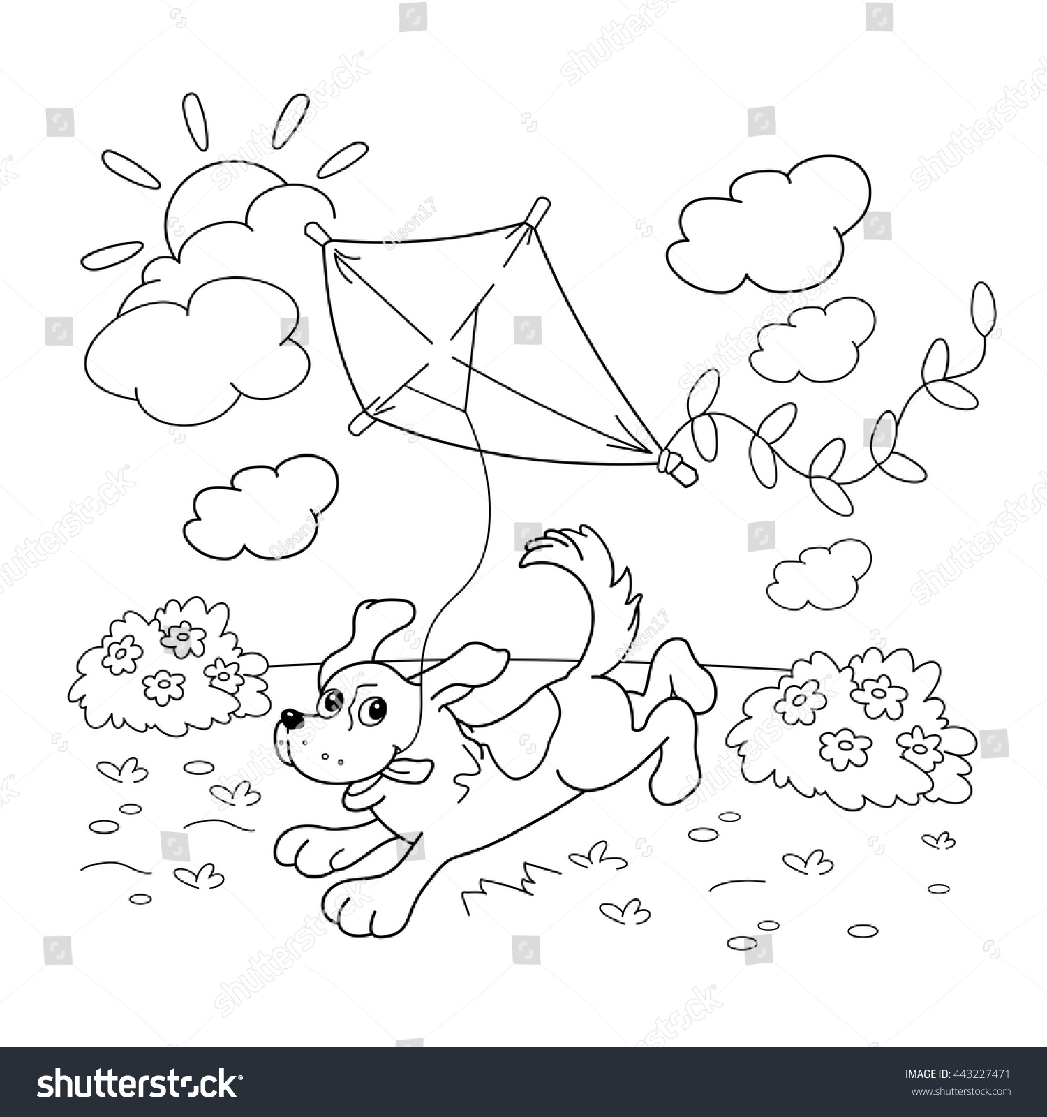 Coloring Page Outline cartoon dog with a kite Coloring book for kids