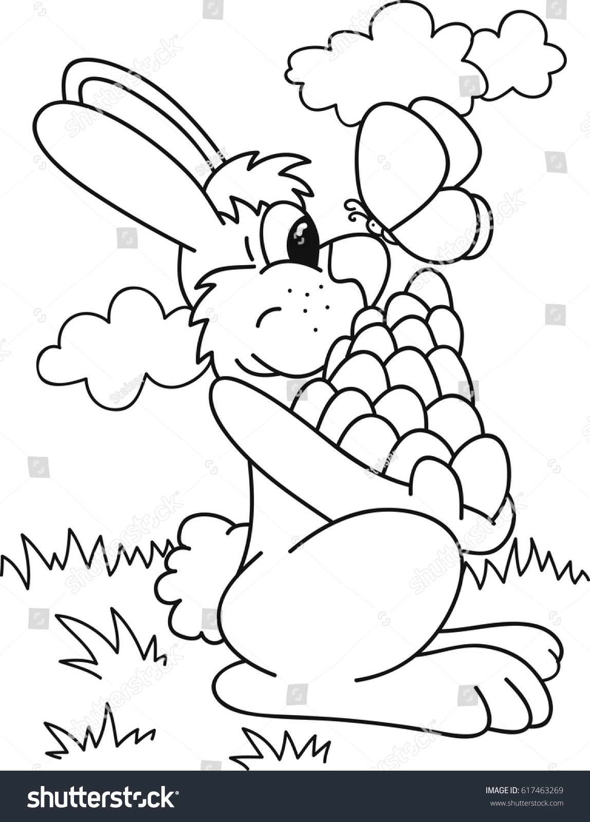 Coloring page outline of cartoon easter bunny with eggs and butterfly Vector illustration coloring