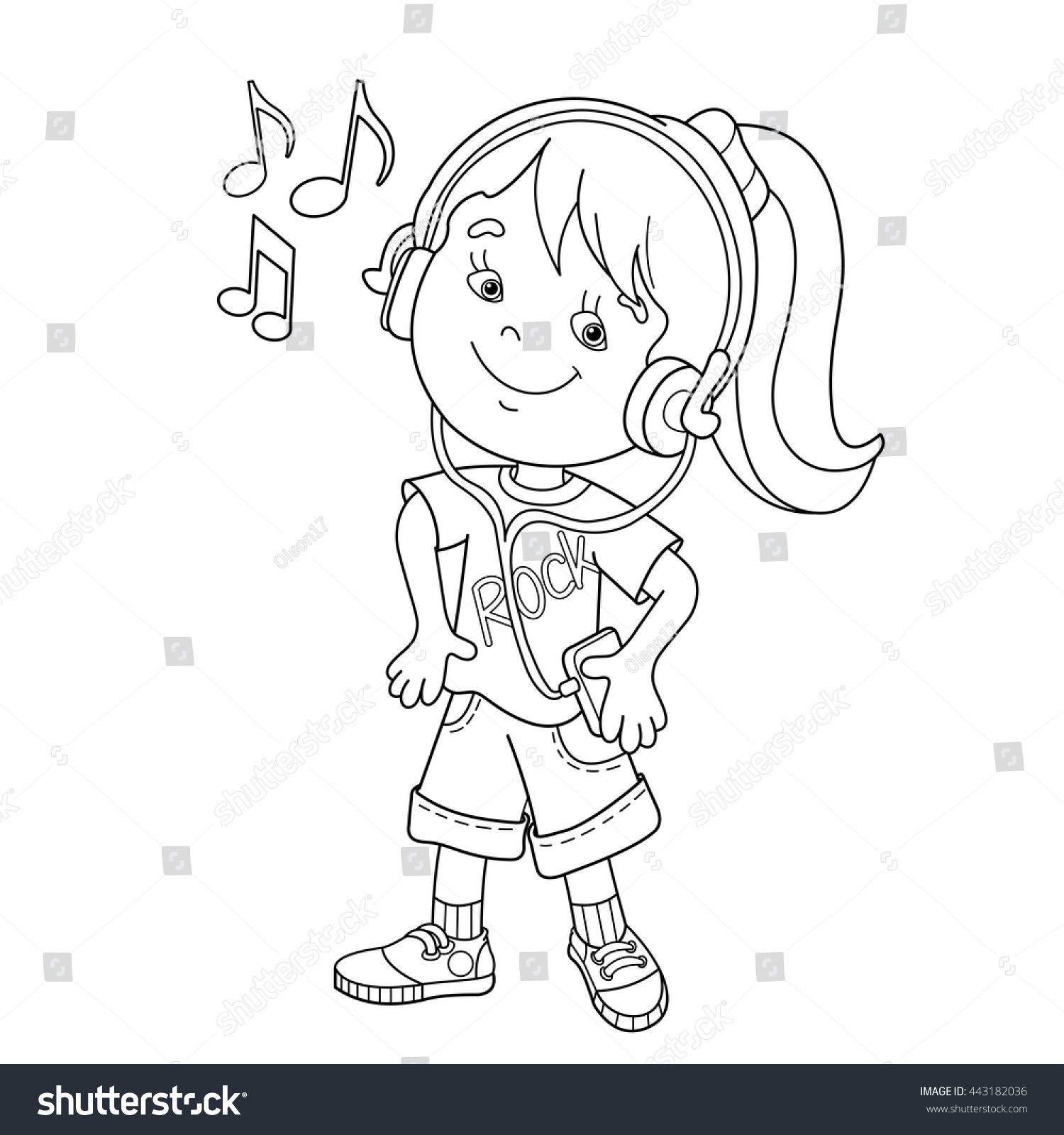 Coloring Page Outline Cartoon Girl Headphones Stock Vector