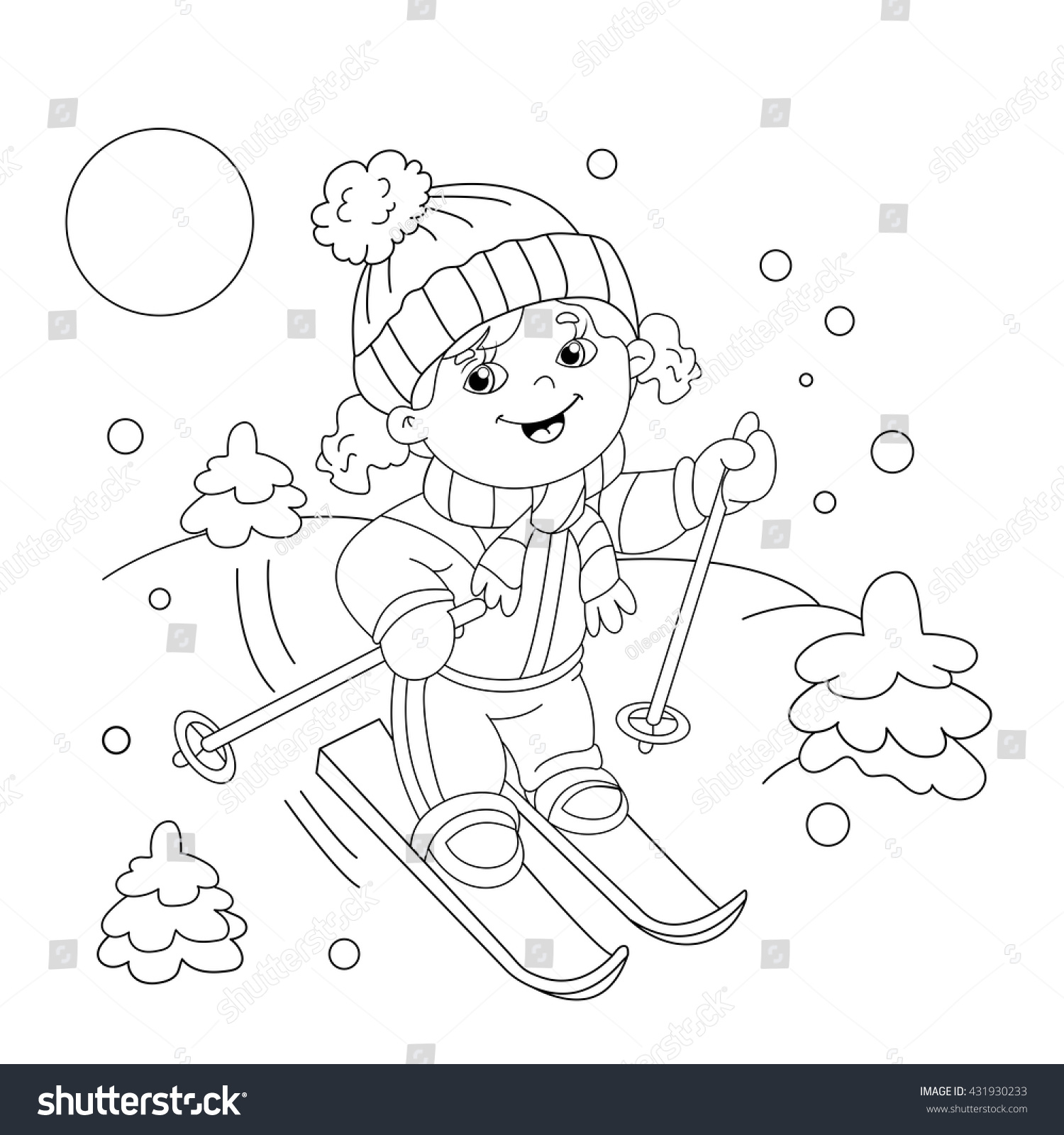 coloring page outline of cartoon girl riding on skis winter sports coloring book for