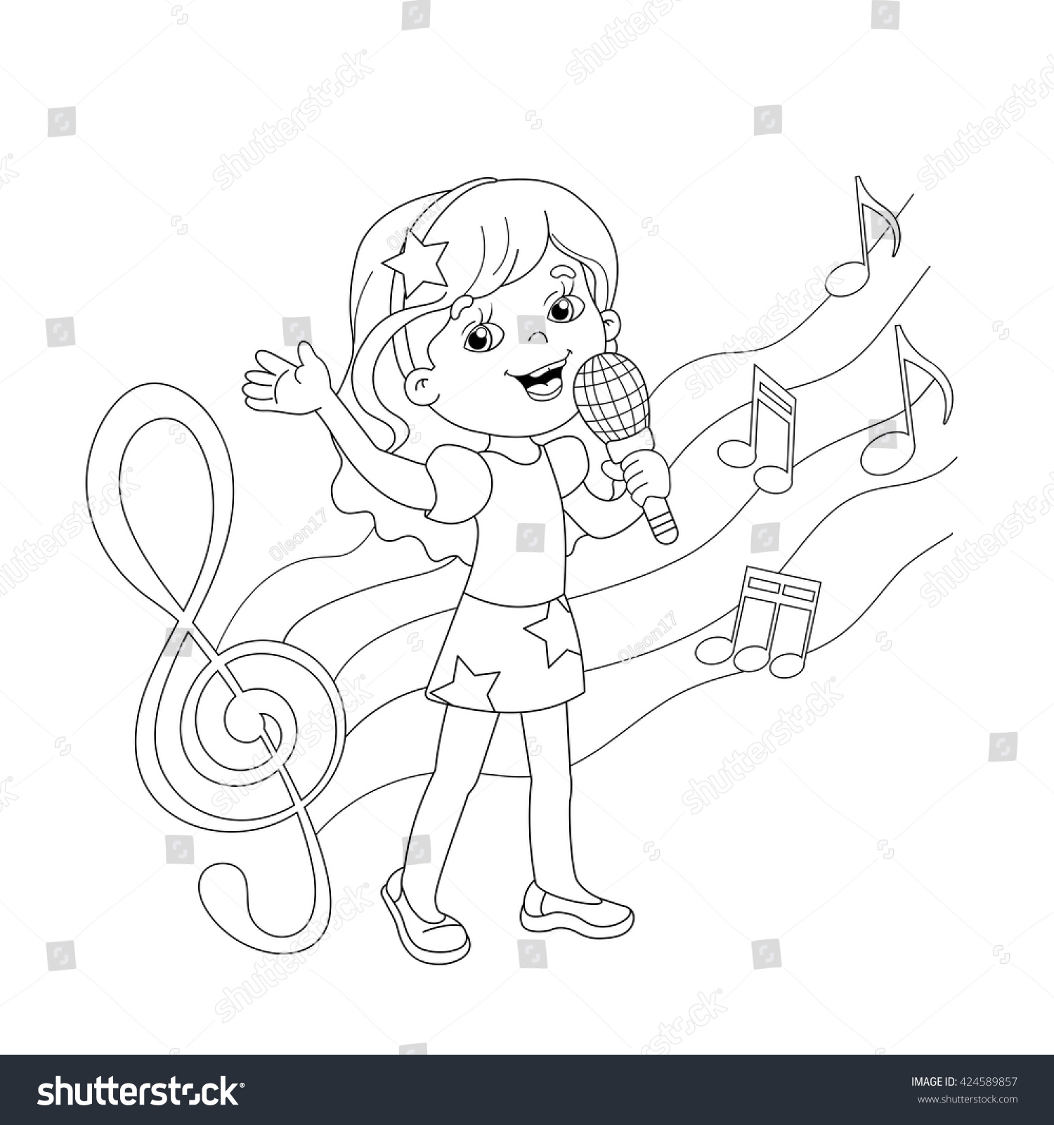 Coloring Page Outline Cartoon Girl Singing Stock Vector 424589857 