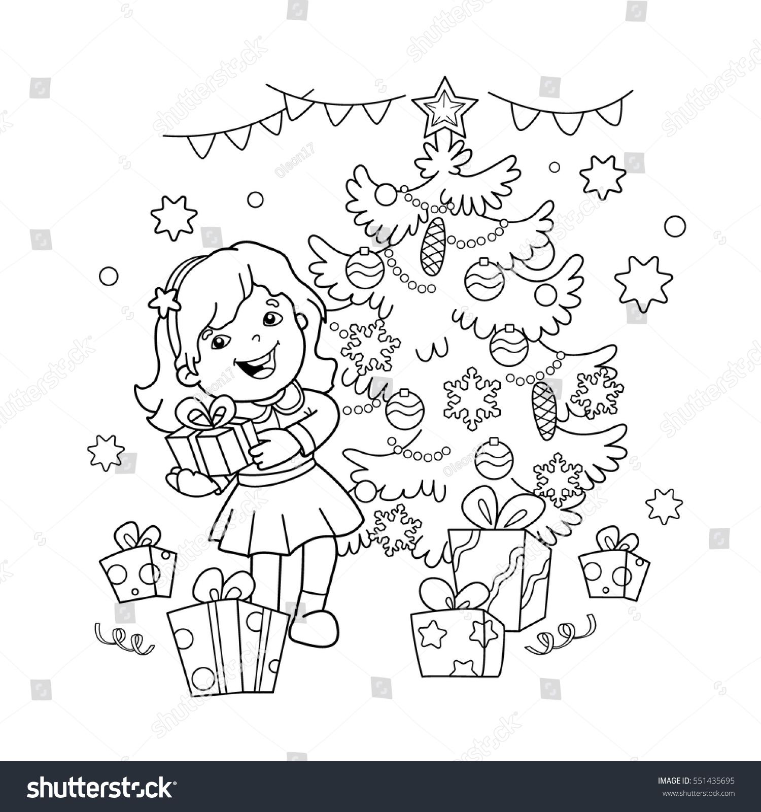 Coloring Page Outline cartoon girl with t at Christmas tree Christmas New year