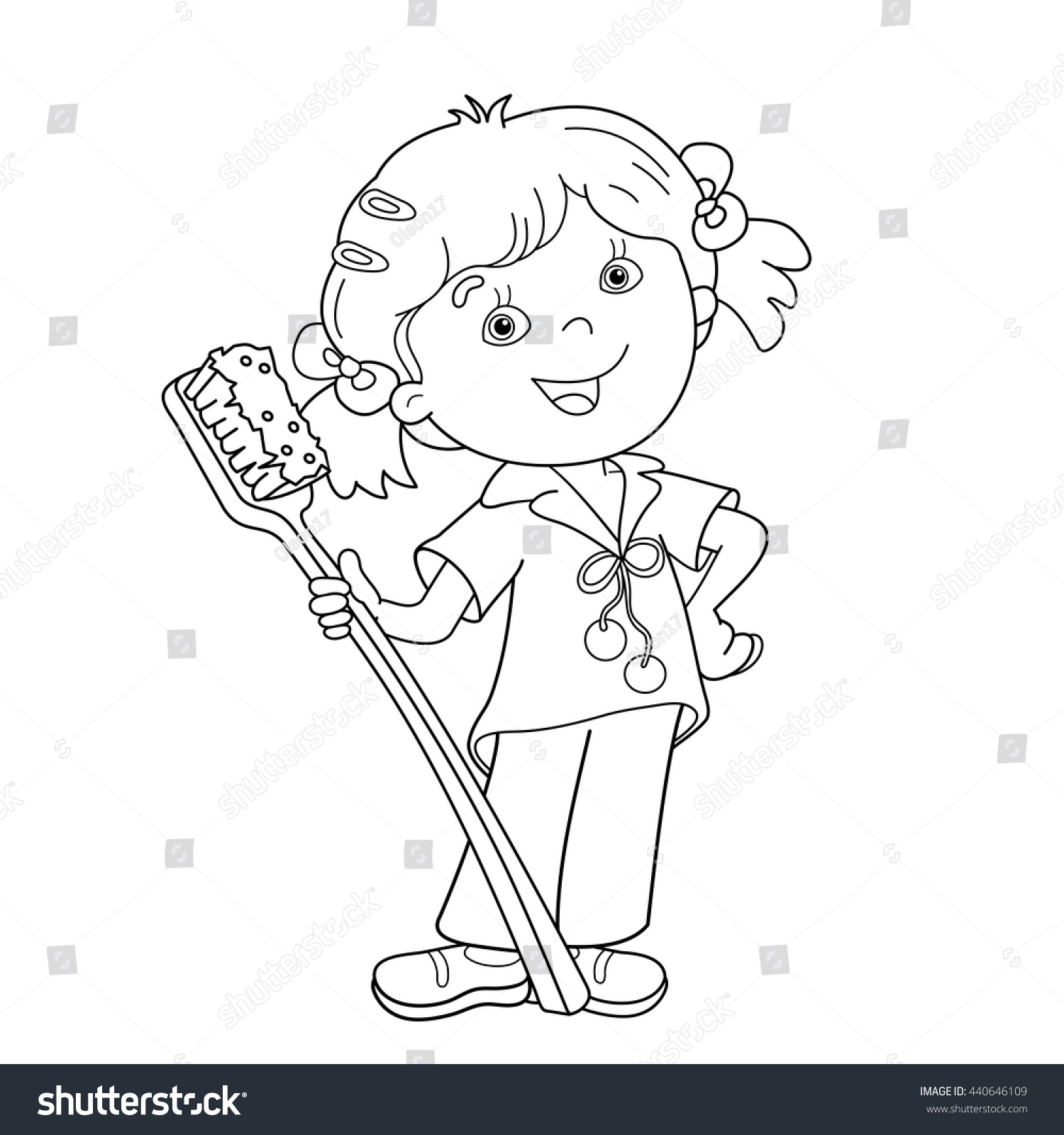 Coloring Page Outline Cartoon Girl Toothbrush Stock-Vektorgrafik