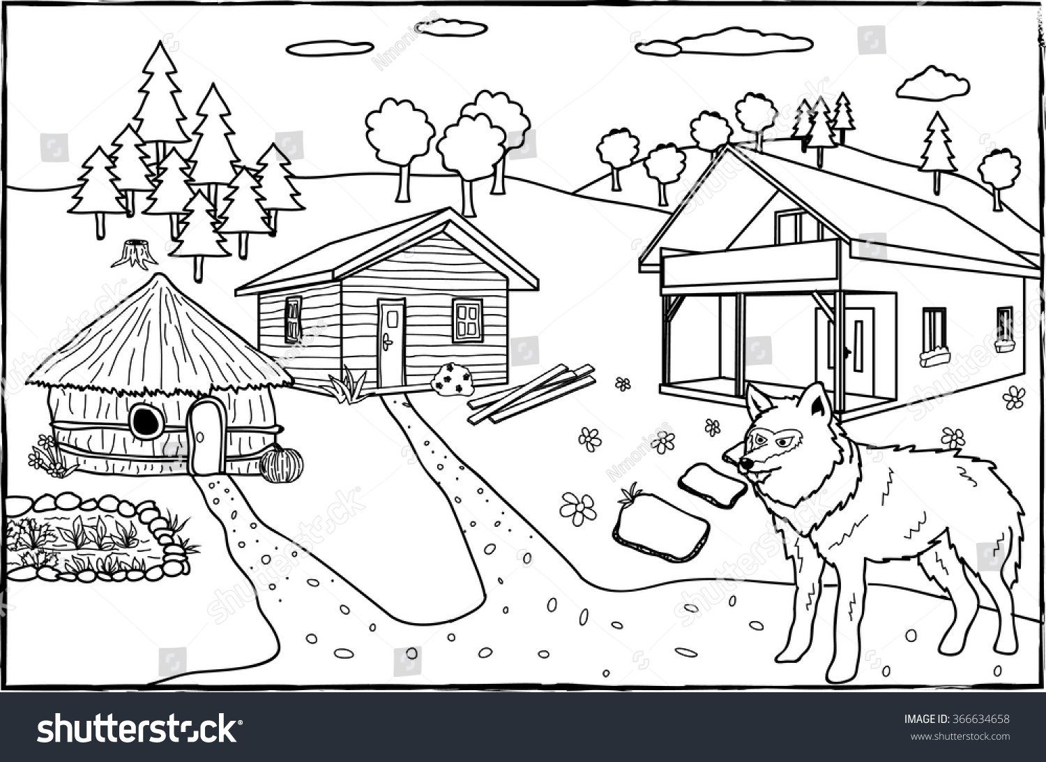 Coloring Page Three Little Pigs Stock Vector 366634658 - Shutterstock